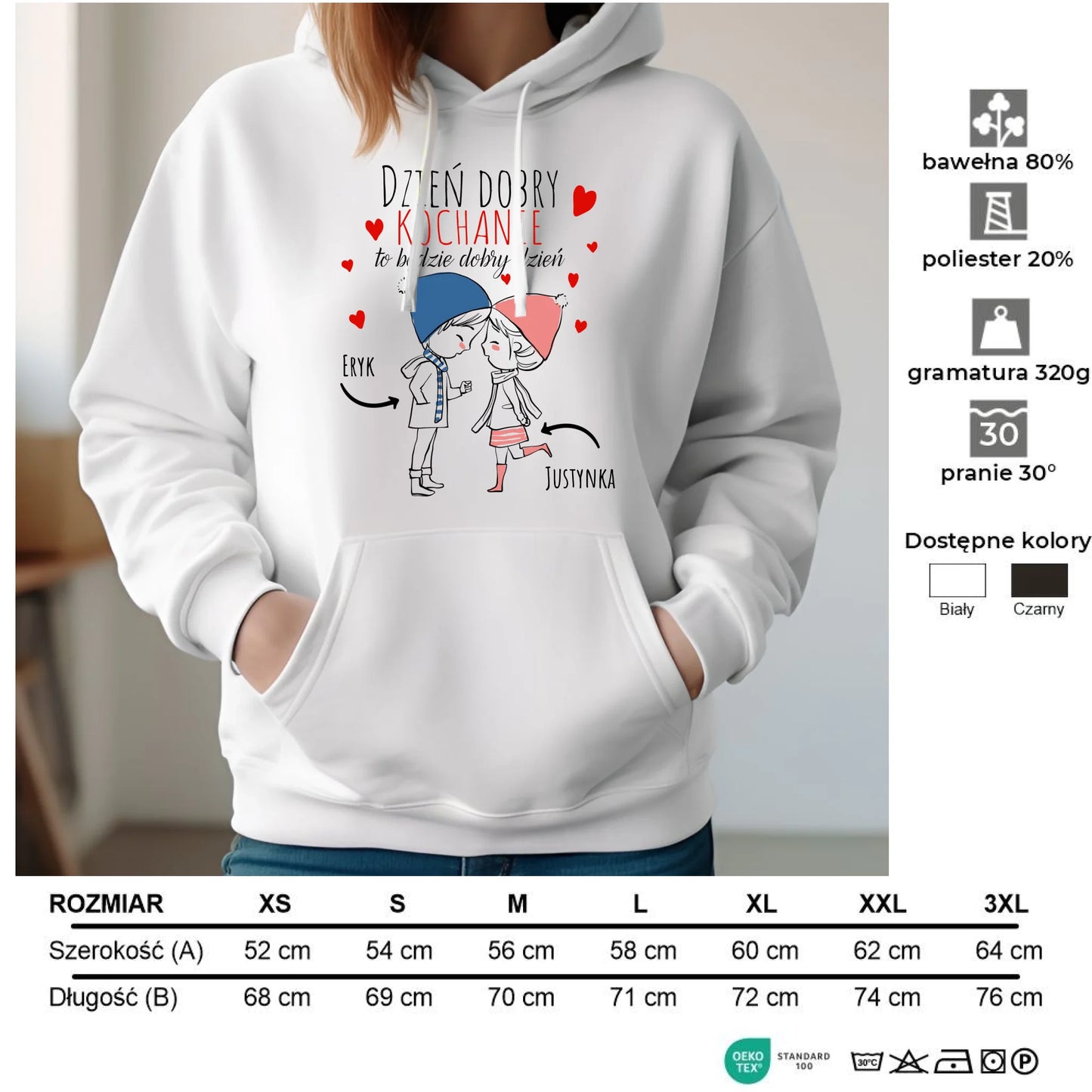 Bluza damska z kapturem dla par - Dzień dobry Kochanie - personalizowana W10 - StoryCups.pl