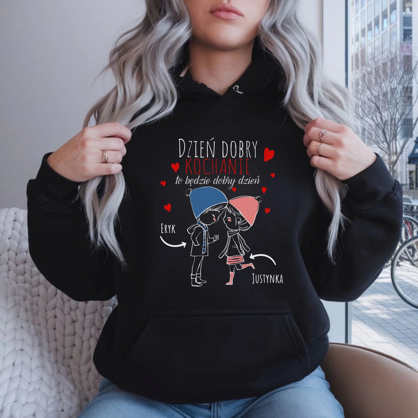 Bluza damska z kapturem dla par - Dzień dobry Kochanie - personalizowana W10 - StoryCups.pl