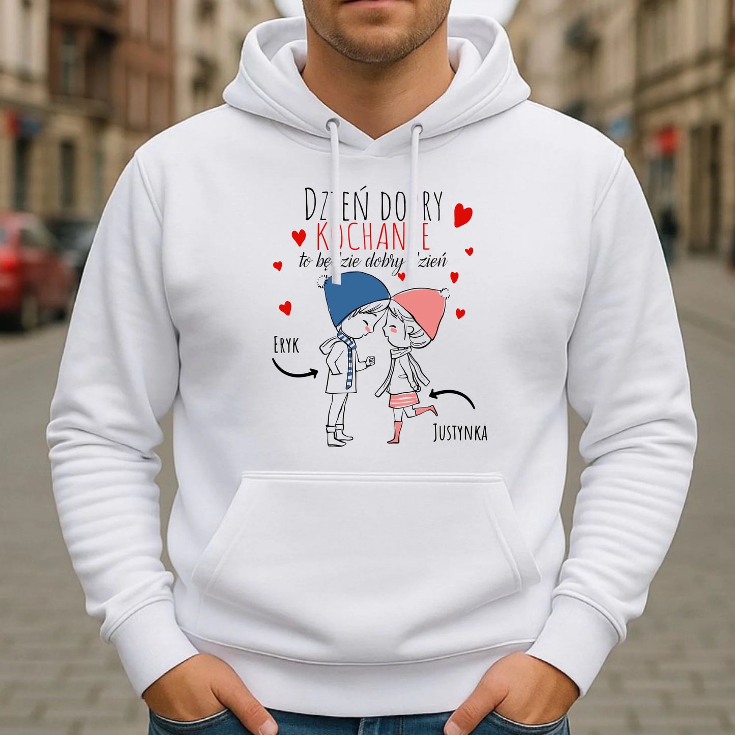 Bluza męska z kapturem dla par - Dzień dobry Kochanie - personalizowana W10 - StoryCups.pl