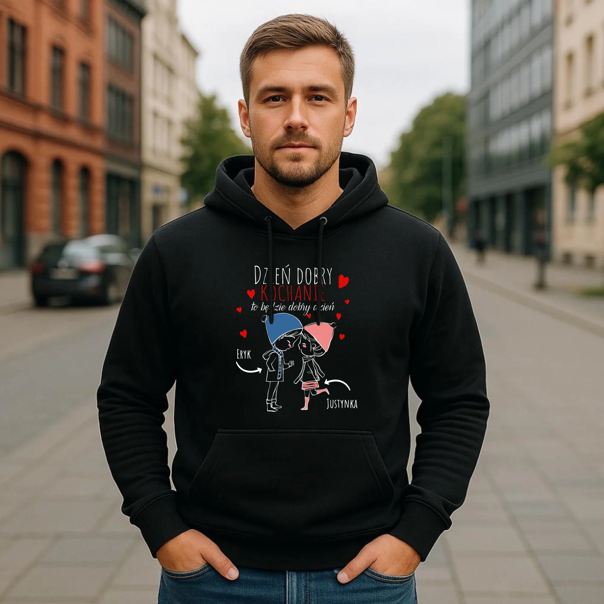 Bluza męska z kapturem dla par - Dzień dobry Kochanie - personalizowana W10 - StoryCups.pl