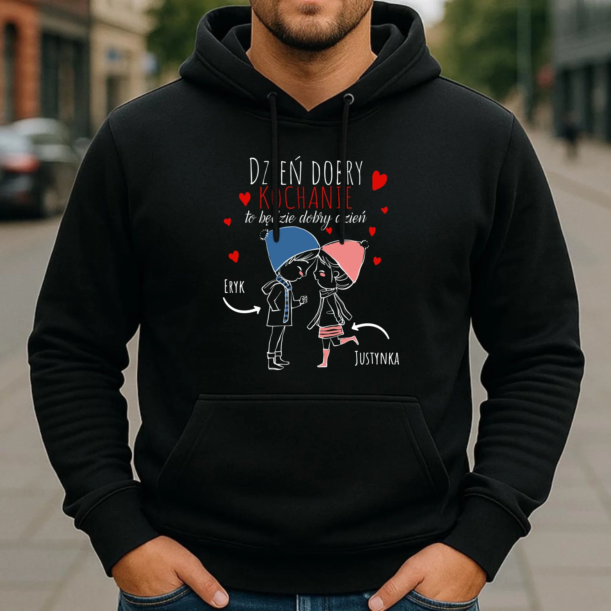 Bluza męska z kapturem dla par - Dzień dobry Kochanie - personalizowana W10 - StoryCups.pl
