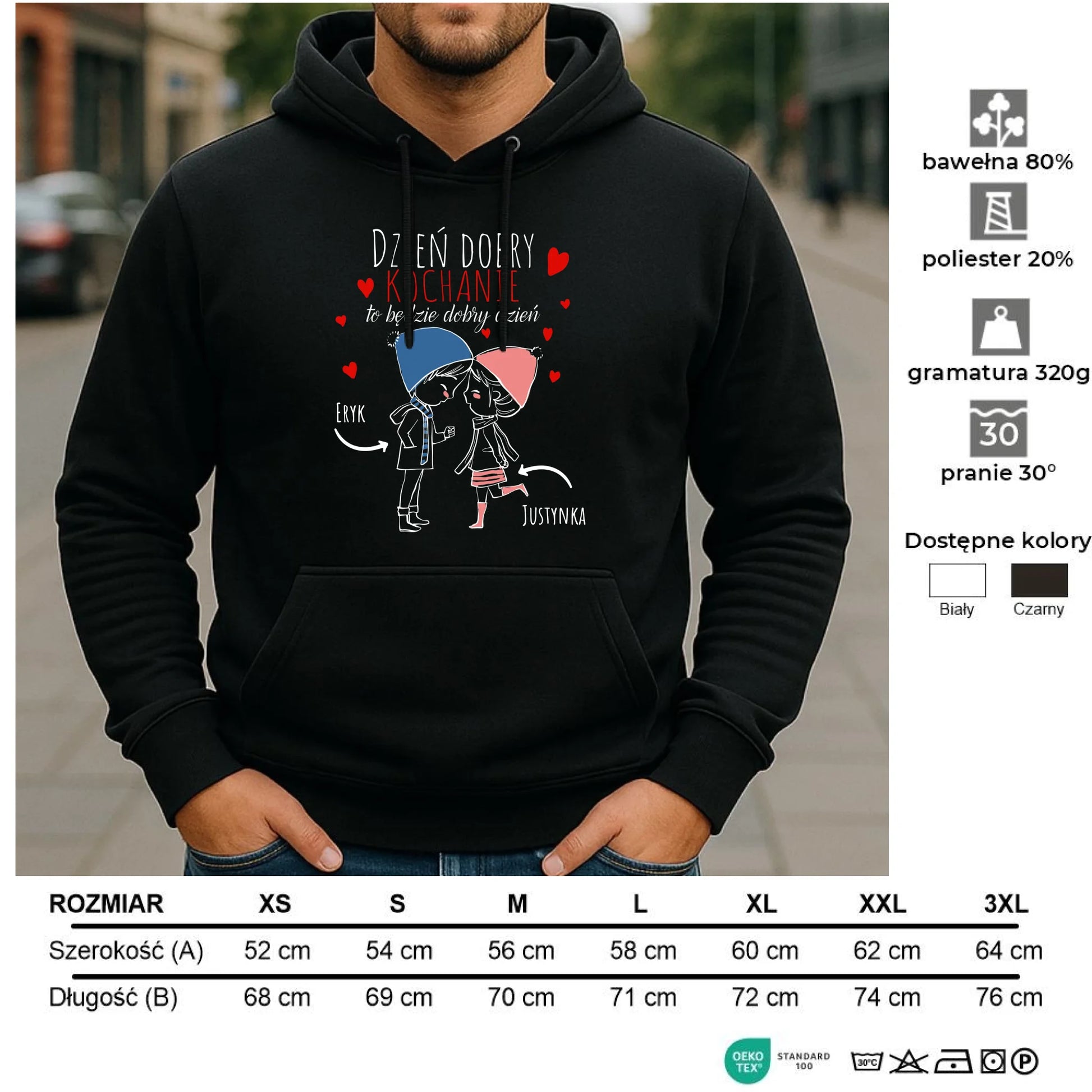 Bluza męska z kapturem dla par - Dzień dobry Kochanie - personalizowana W10 - StoryCups.pl