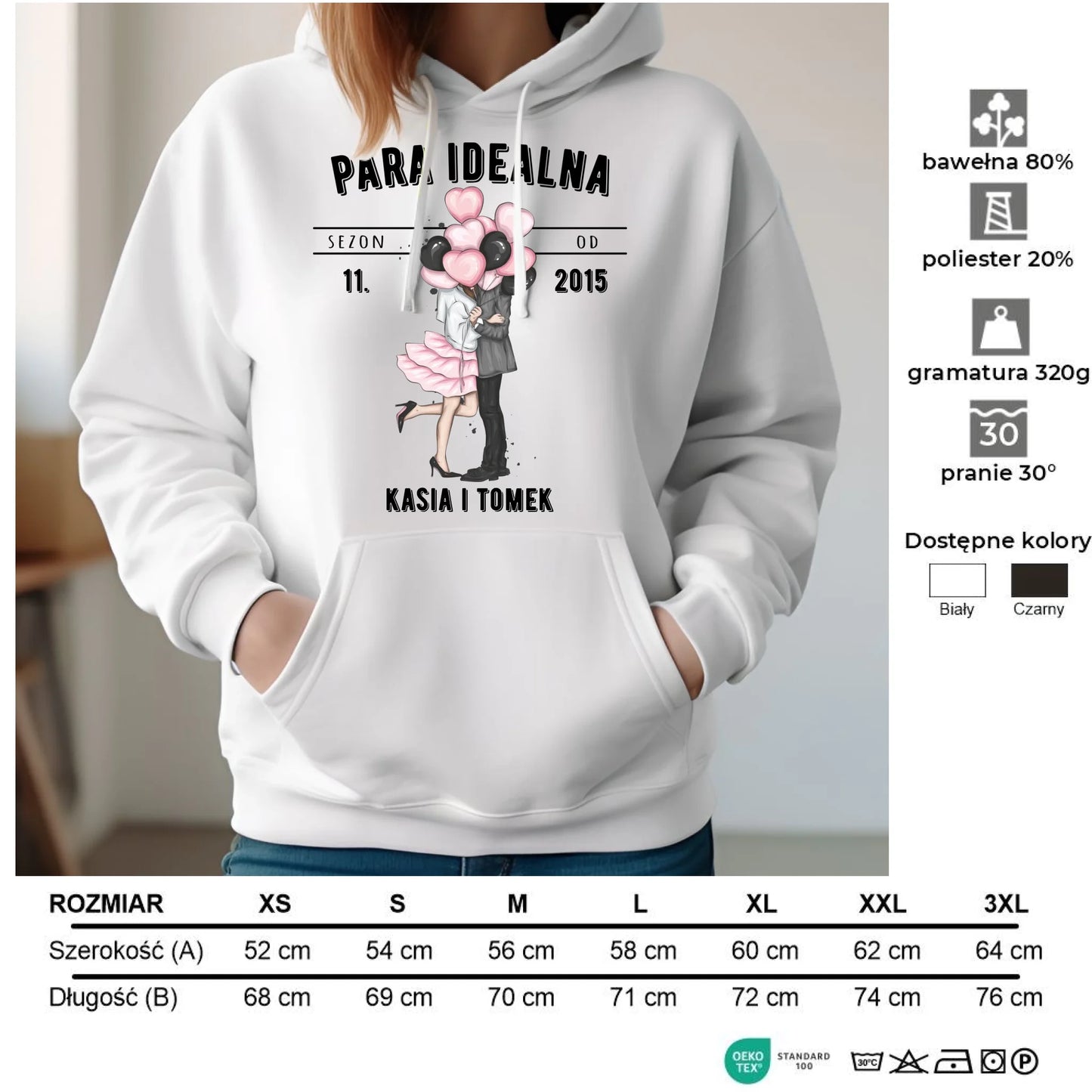 Bluza damska z kapturem dla par na rocznicę - Para idealna - personalizowana W11 - StoryCups.pl