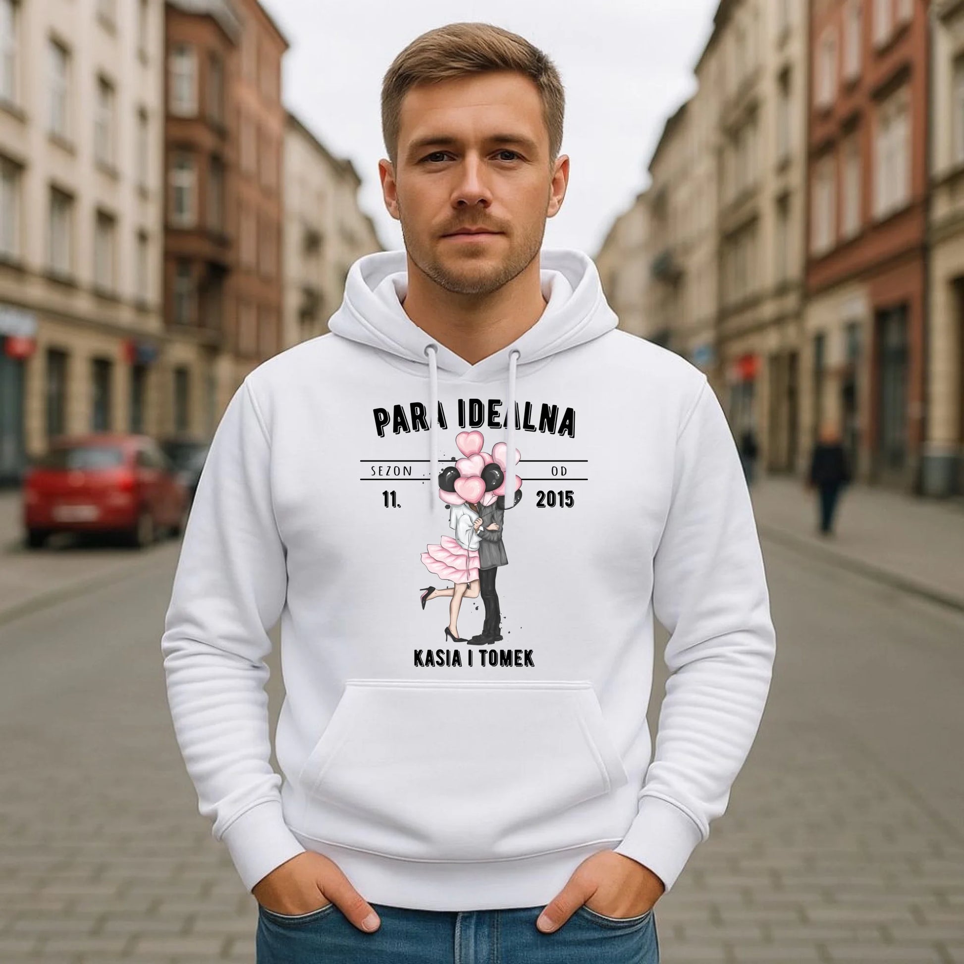 Bluza męska z kapturem dla par na rocznicę - Para idealna - personalizowana W11 - StoryCups.pl