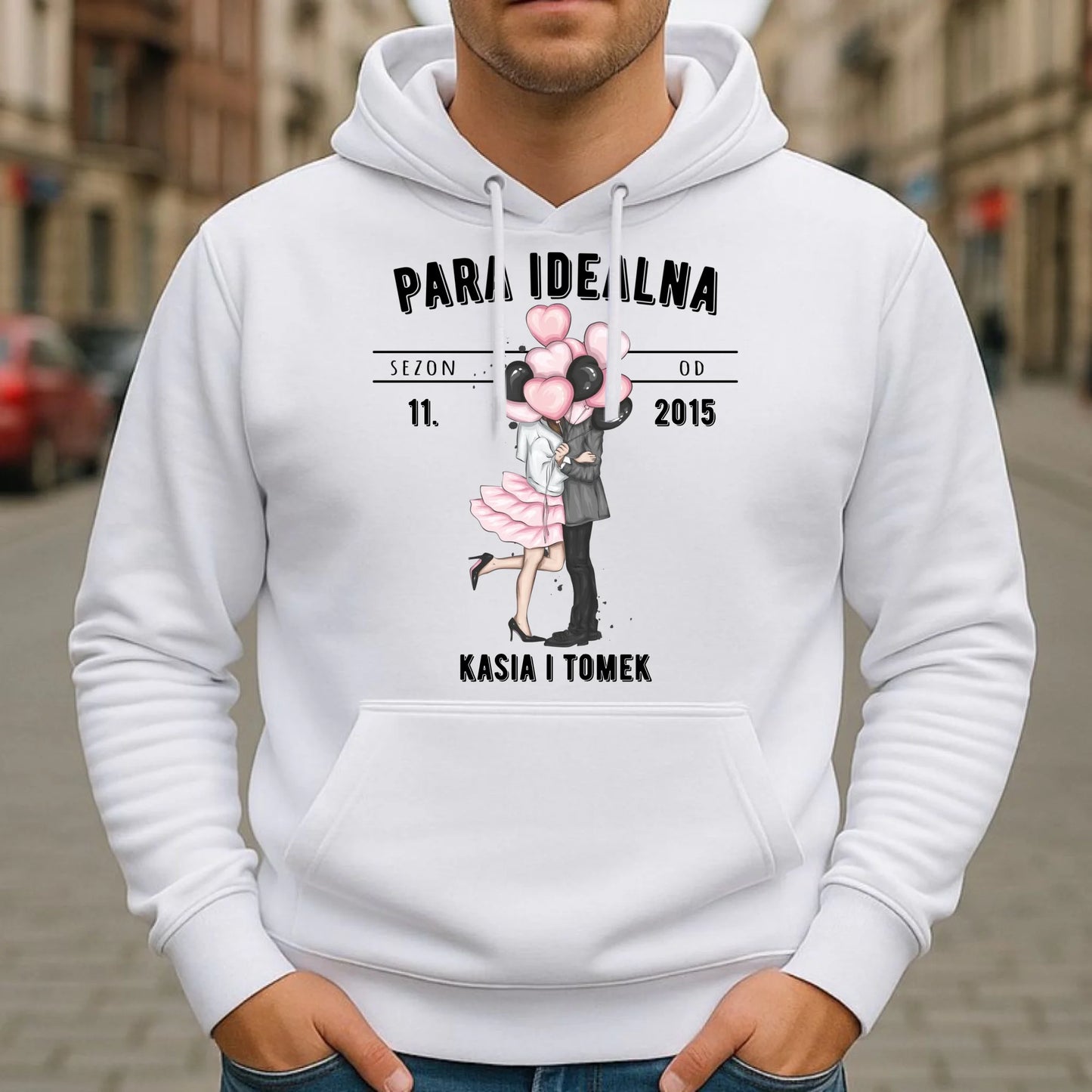 Bluza męska z kapturem dla par na rocznicę - Para idealna - personalizowana W11 - StoryCups.pl