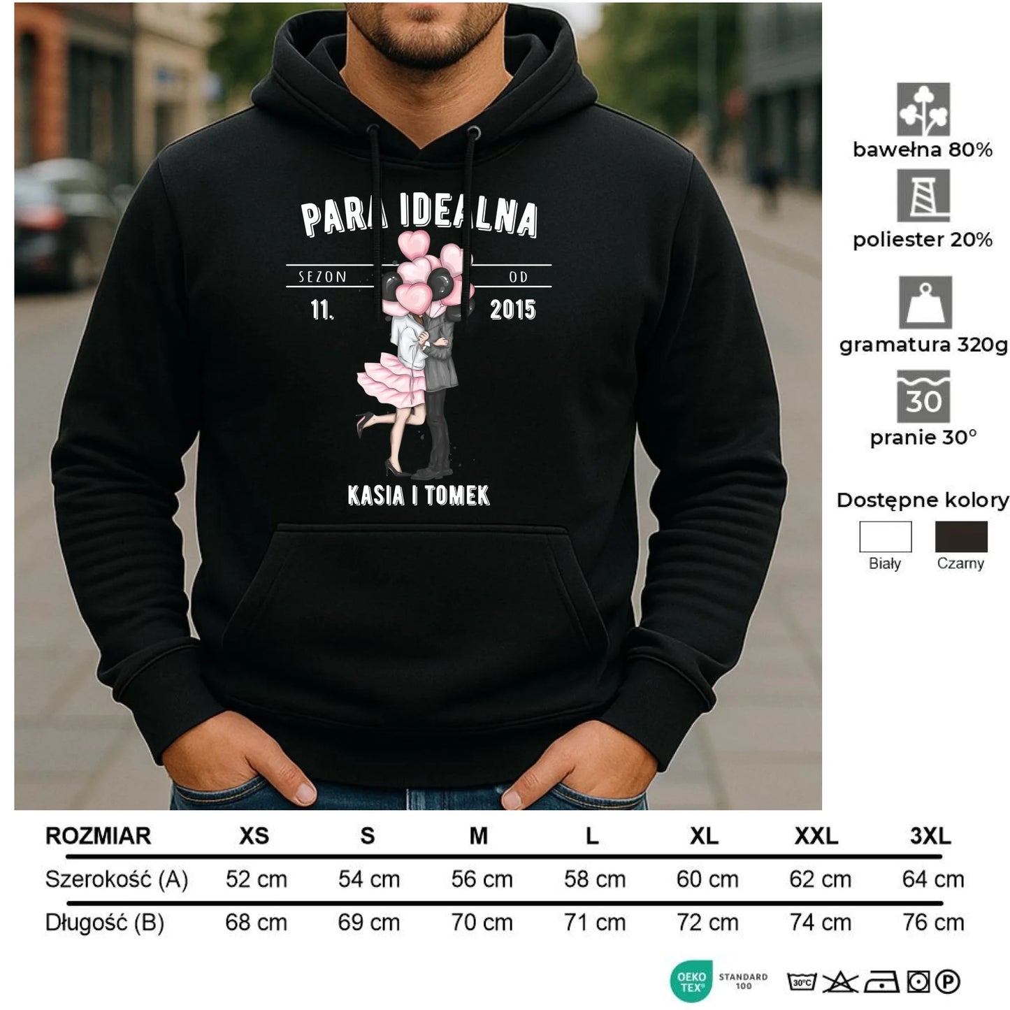 Bluza męska z kapturem dla par na rocznicę - Para idealna - personalizowana W11 - StoryCups.pl