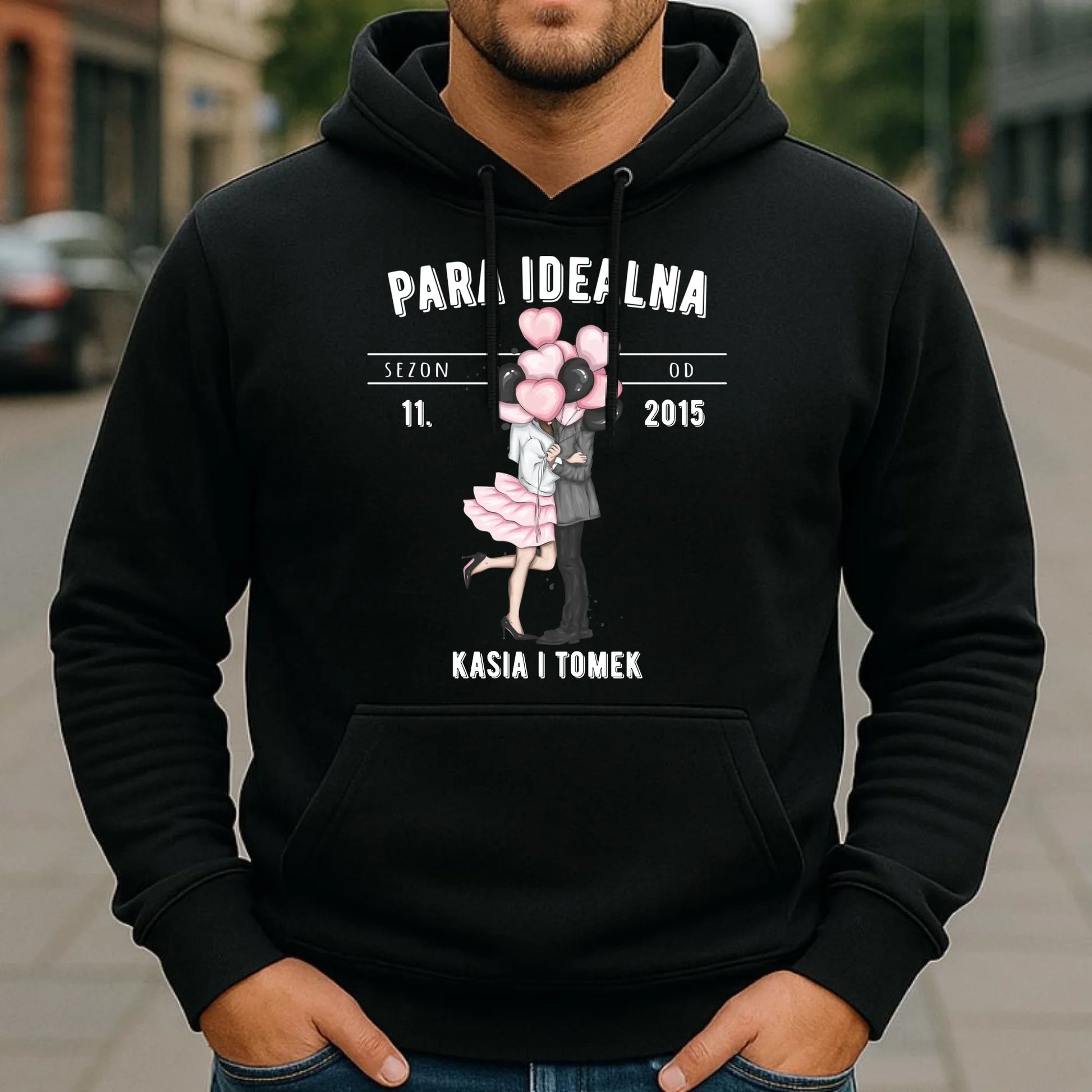 Bluza męska z kapturem dla par na rocznicę - Para idealna - personalizowana W11 - StoryCups.pl
