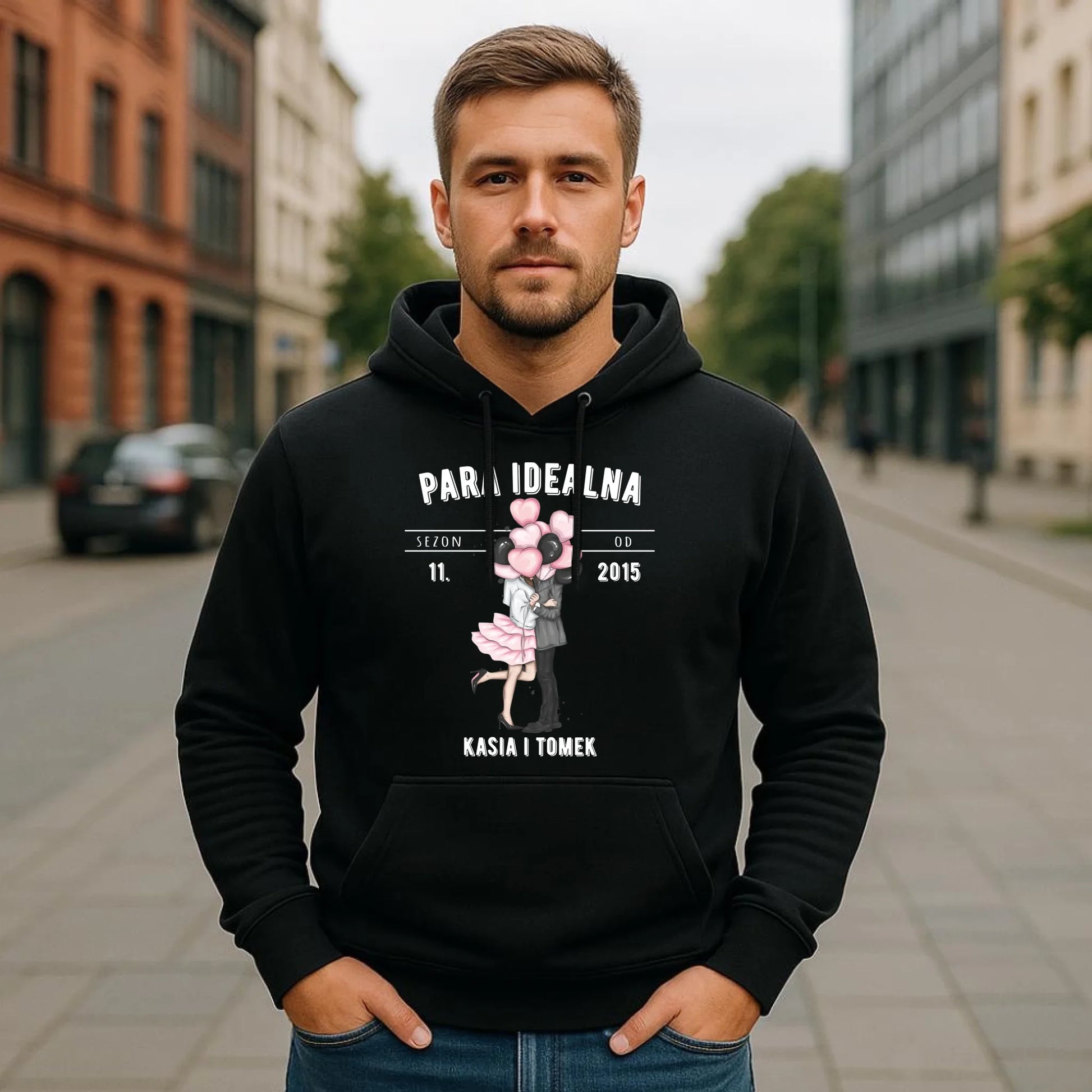 Bluza męska z kapturem dla par na rocznicę - Para idealna - personalizowana W11 - StoryCups.pl