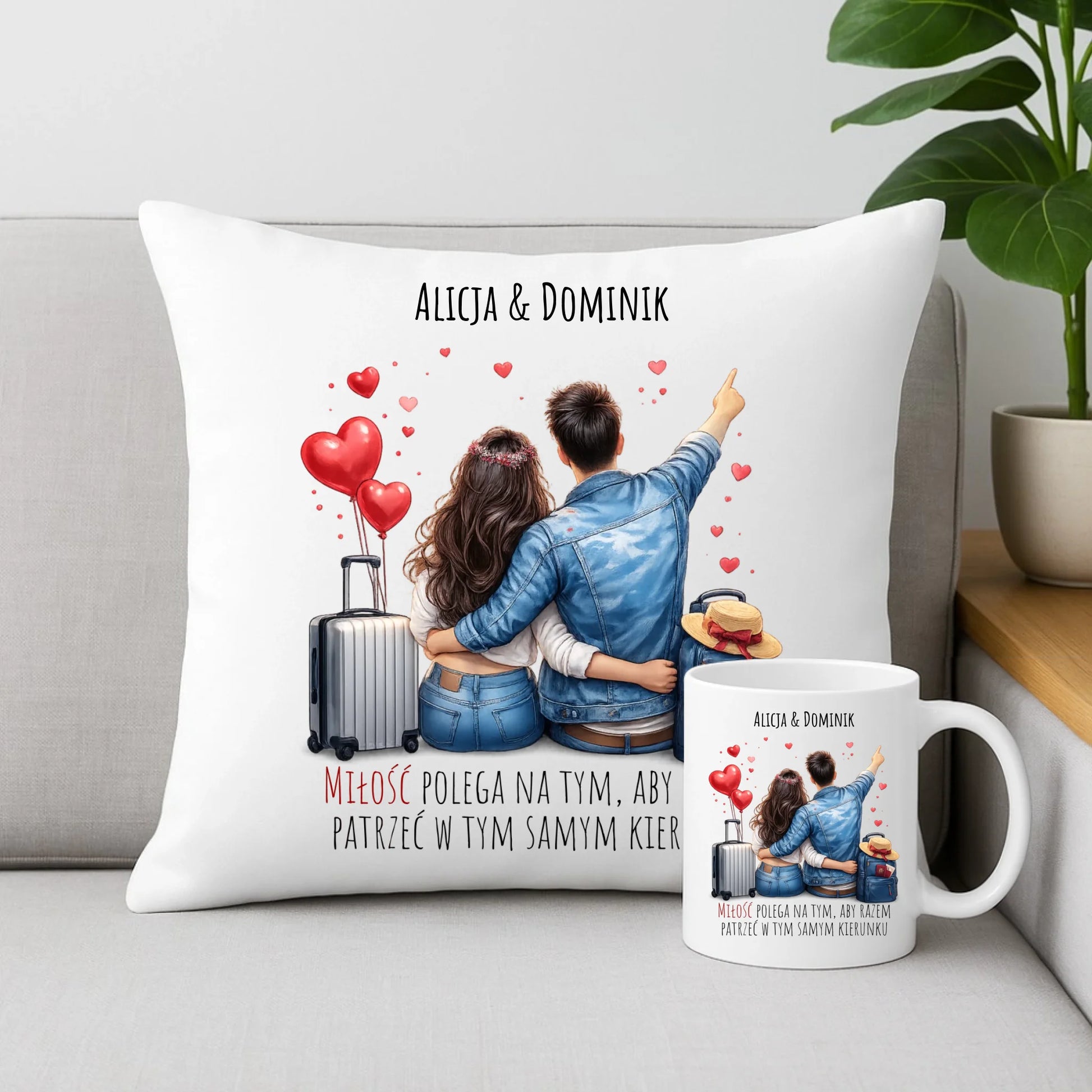 Zestaw poduszka i kubek dla par - Para w podróży miłość - personalizowany W12 - StoryCups.pl