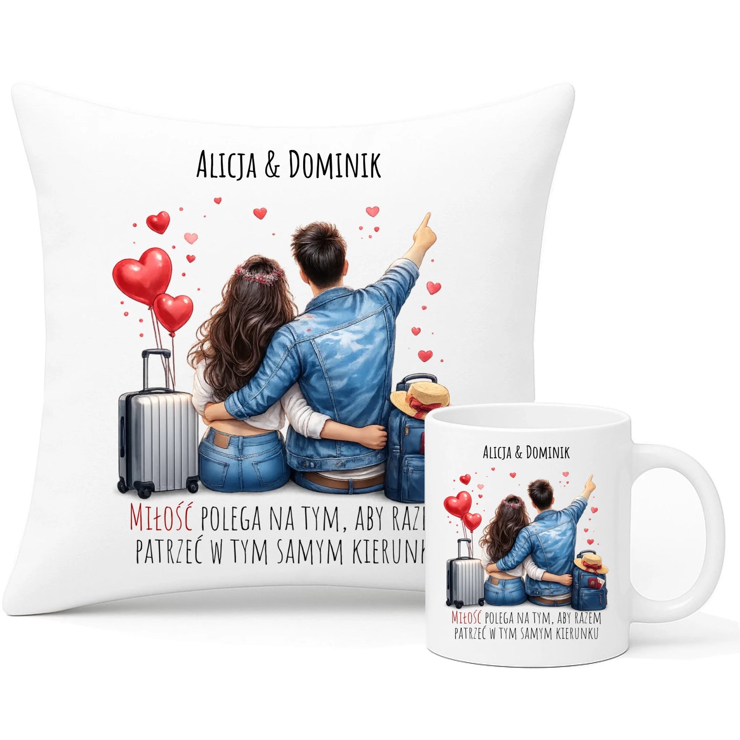 Zestaw poduszka i kubek dla par - Para w podróży miłość - personalizowany W12 - StoryCups.pl