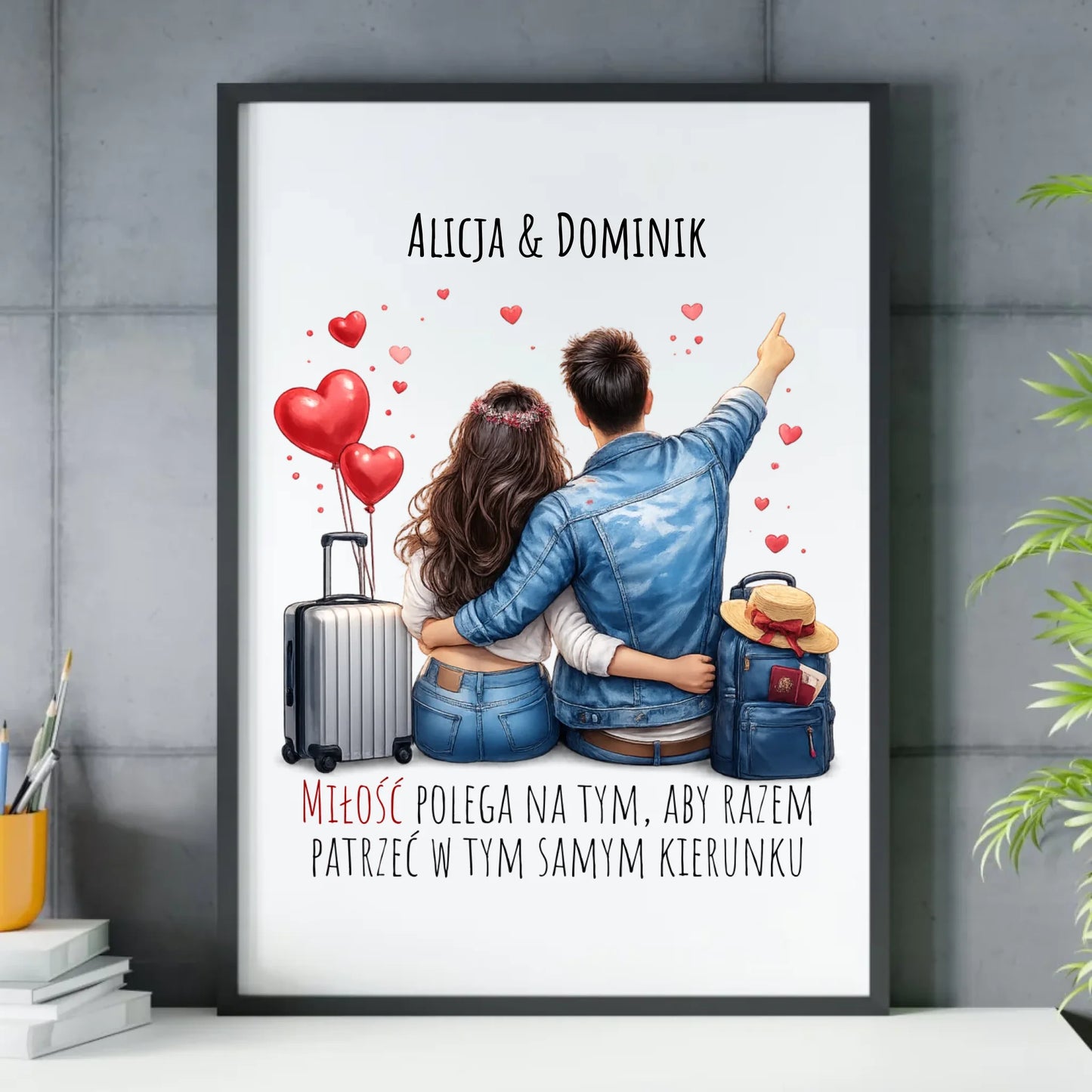 Plakat w ramie dla par - Para w podróży miłość - personalizowany W12 - StoryCups.pl
