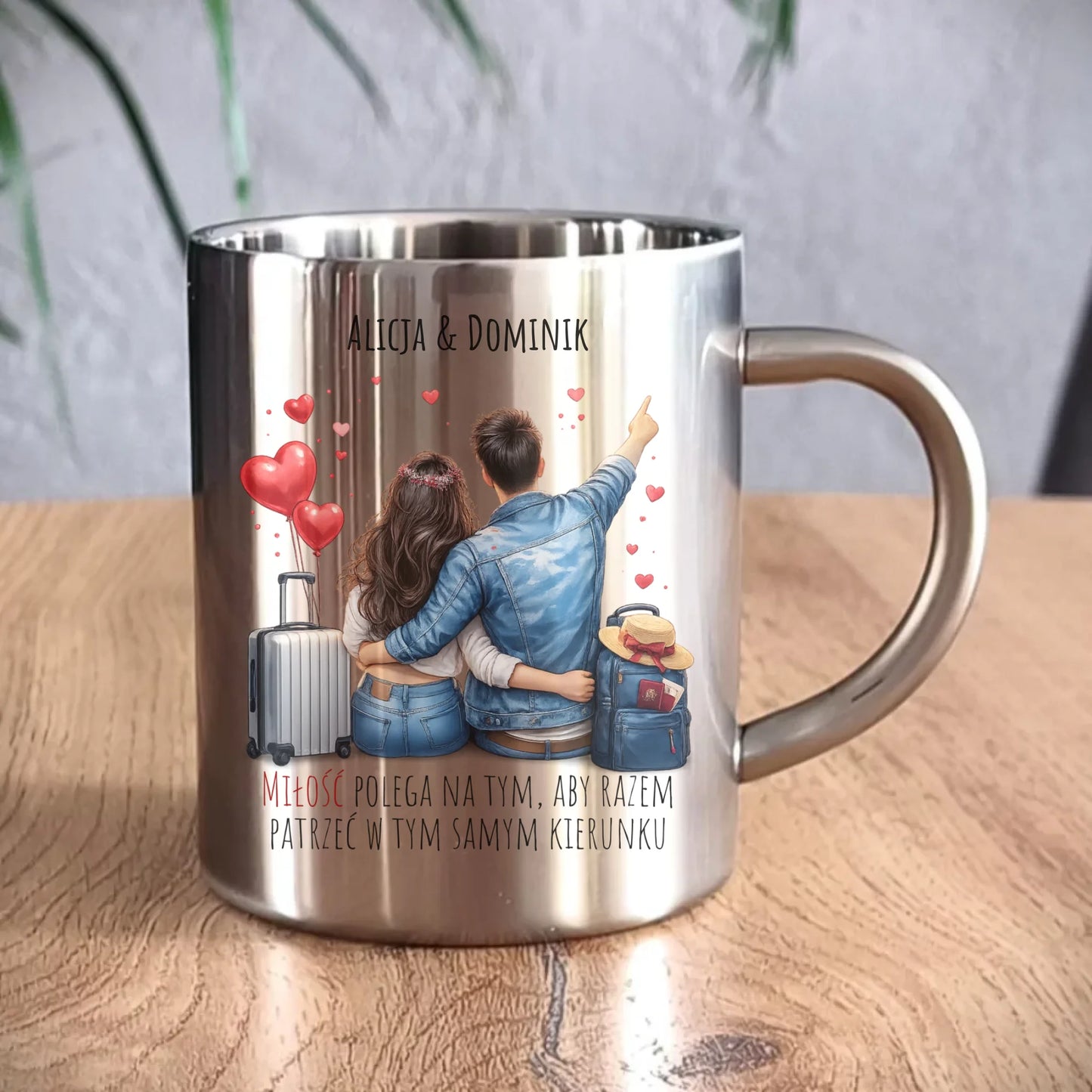 Kubek metalowy dla par - Para w podróży miłość - personalizowany W12 - StoryCups.pl