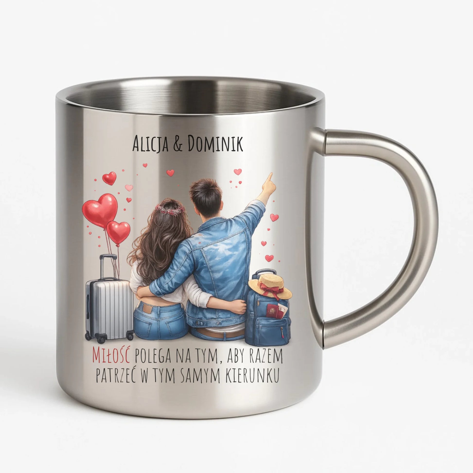 Kubek metalowy dla par - Para w podróży miłość - personalizowany W12 - StoryCups.pl