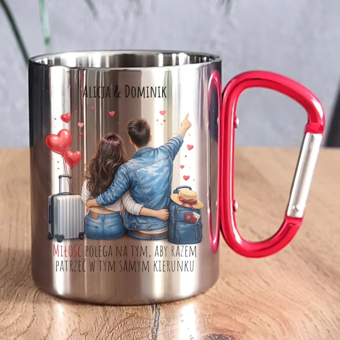 Kubek metalowy dla par - Para w podróży miłość - personalizowany W12 - StoryCups.pl
