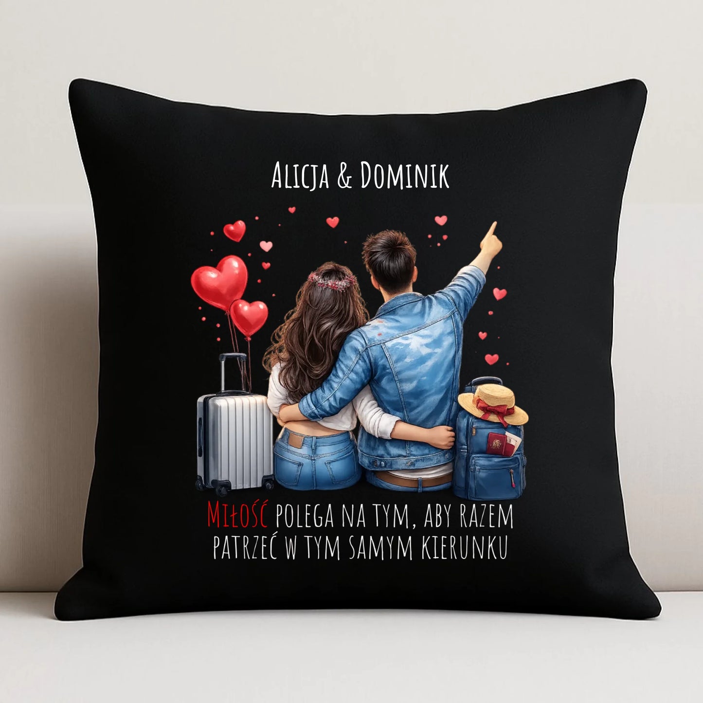 Poduszka dekoracyjna dla par - Para w podróży miłość - personalizowana W12 - StoryCups.pl