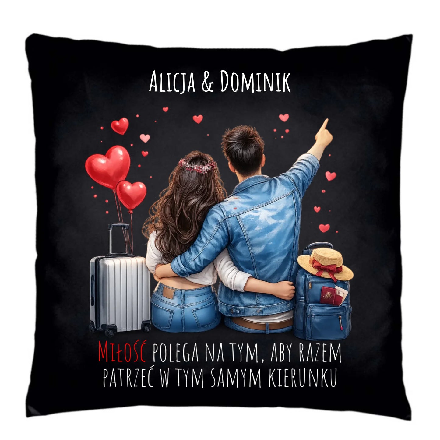 Poduszka dekoracyjna dla par - Para w podróży miłość - personalizowana W12 - StoryCups.pl