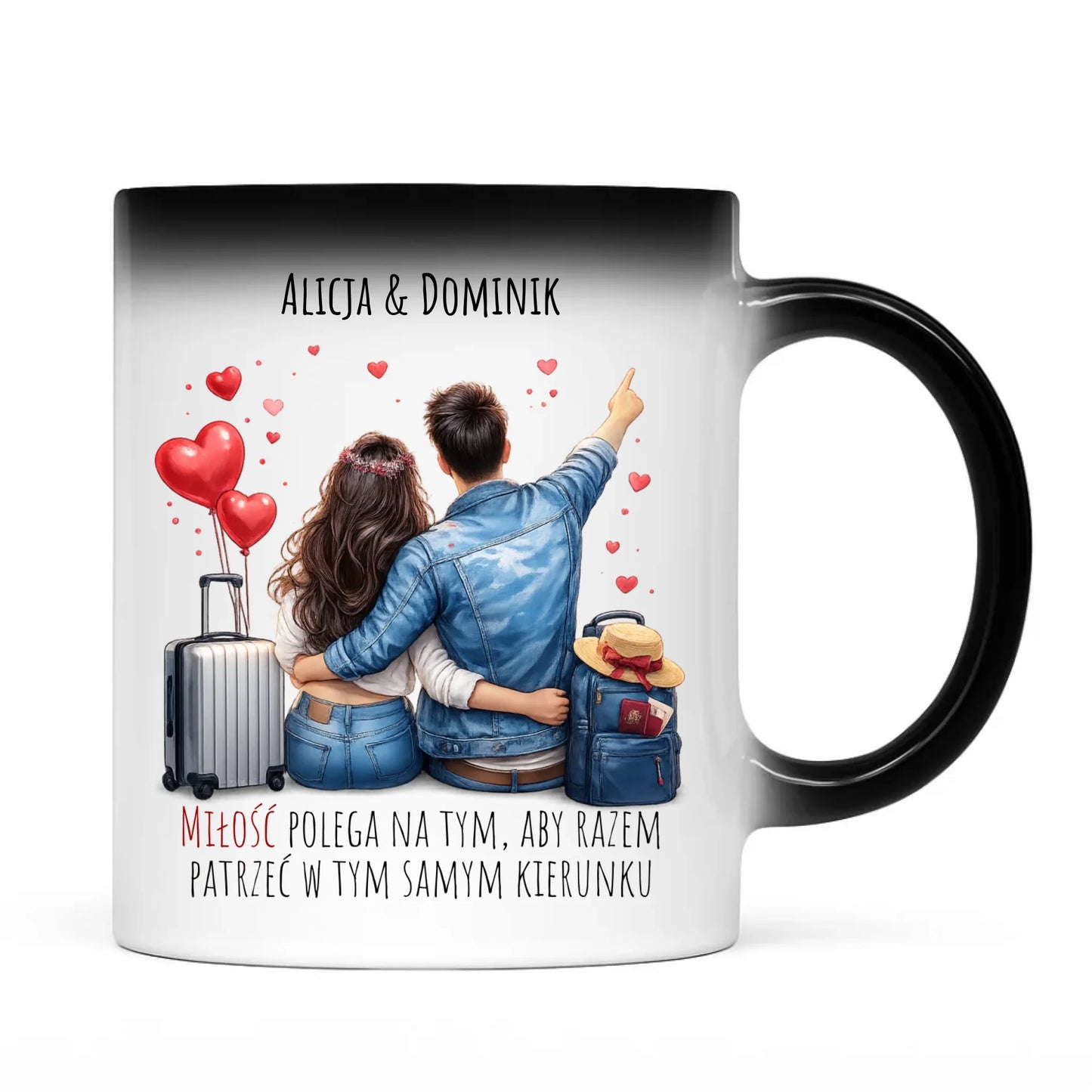 Kubek magiczny dla par - Para w podróży miłość - personalizowany W12 - StoryCups.pl