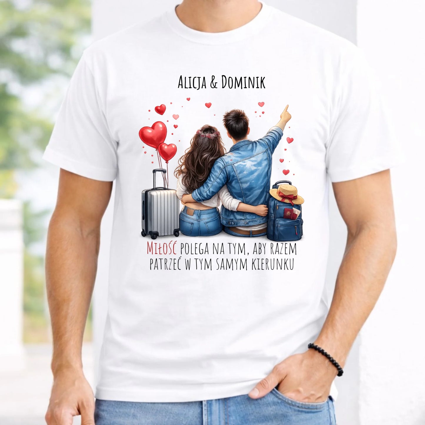 Koszulka męska dla par - Para w podróży miłość - personalizowana W12 - StoryCups.pl