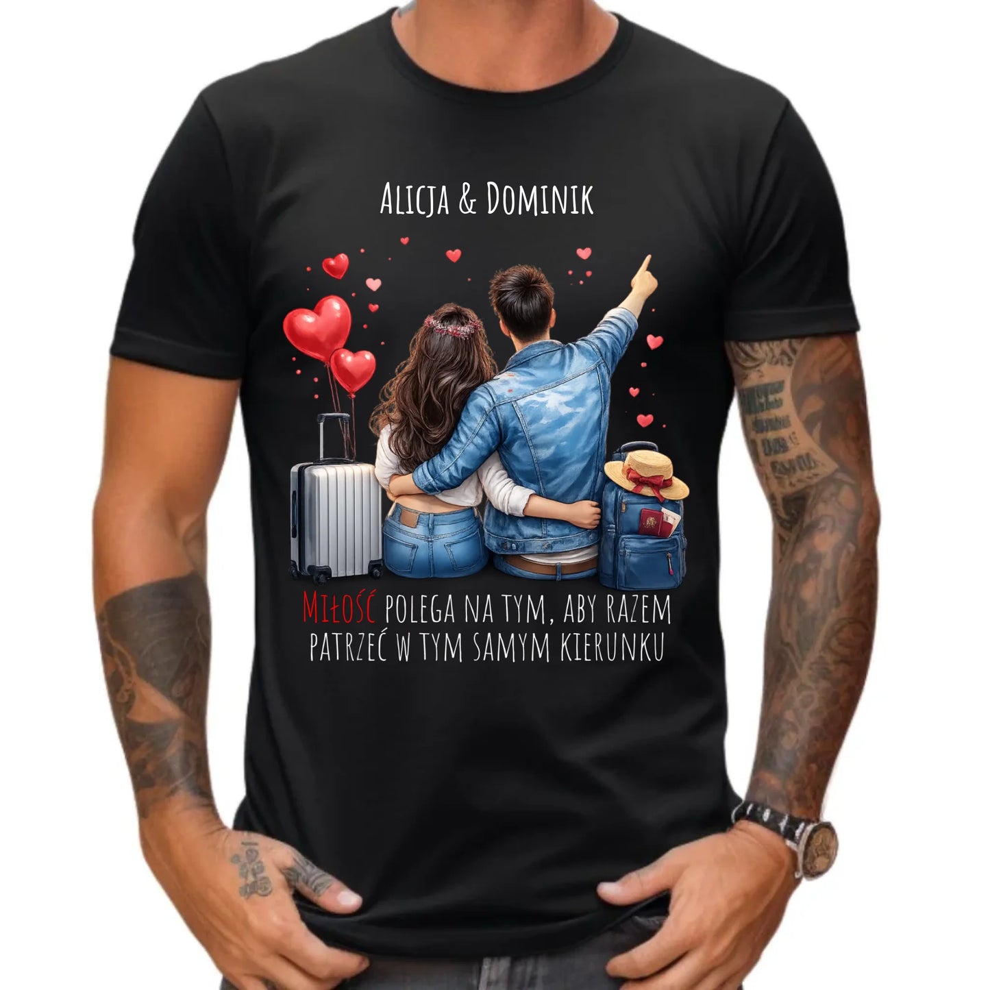 Koszulka męska dla par - Para w podróży miłość - personalizowana W12 - StoryCups.pl