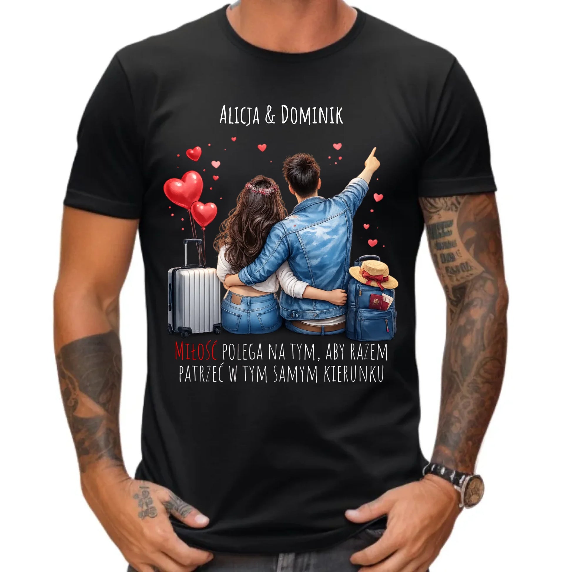 Koszulka męska dla par - Para w podróży miłość - personalizowana W12 - StoryCups.pl