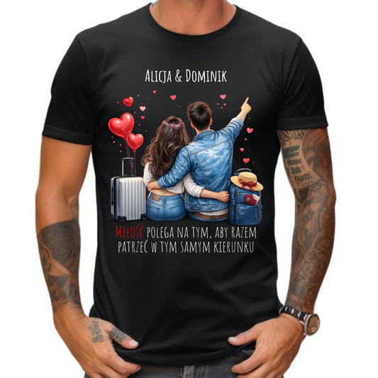 Koszulka męska dla par - Para w podróży miłość - personalizowana W12 - StoryCups.pl