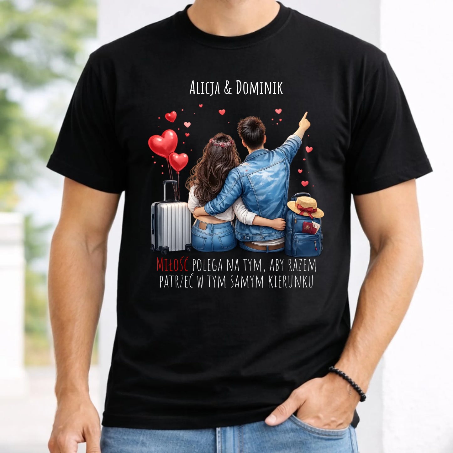 Koszulka męska dla par - Para w podróży miłość - personalizowana W12 - StoryCups.pl