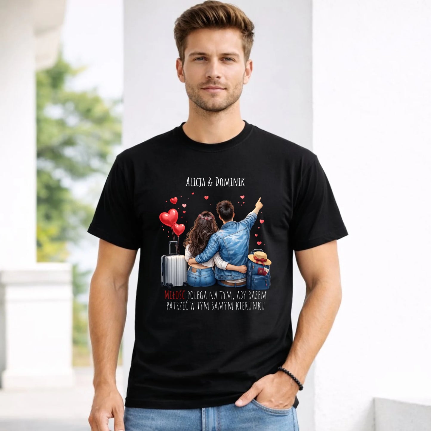 Koszulka męska dla par - Para w podróży miłość - personalizowana W12 - StoryCups.pl