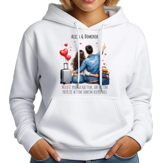 Bluza damska z kapturem dla par - Para w podróży miłość - personalizowana W12 - StoryCups.pl