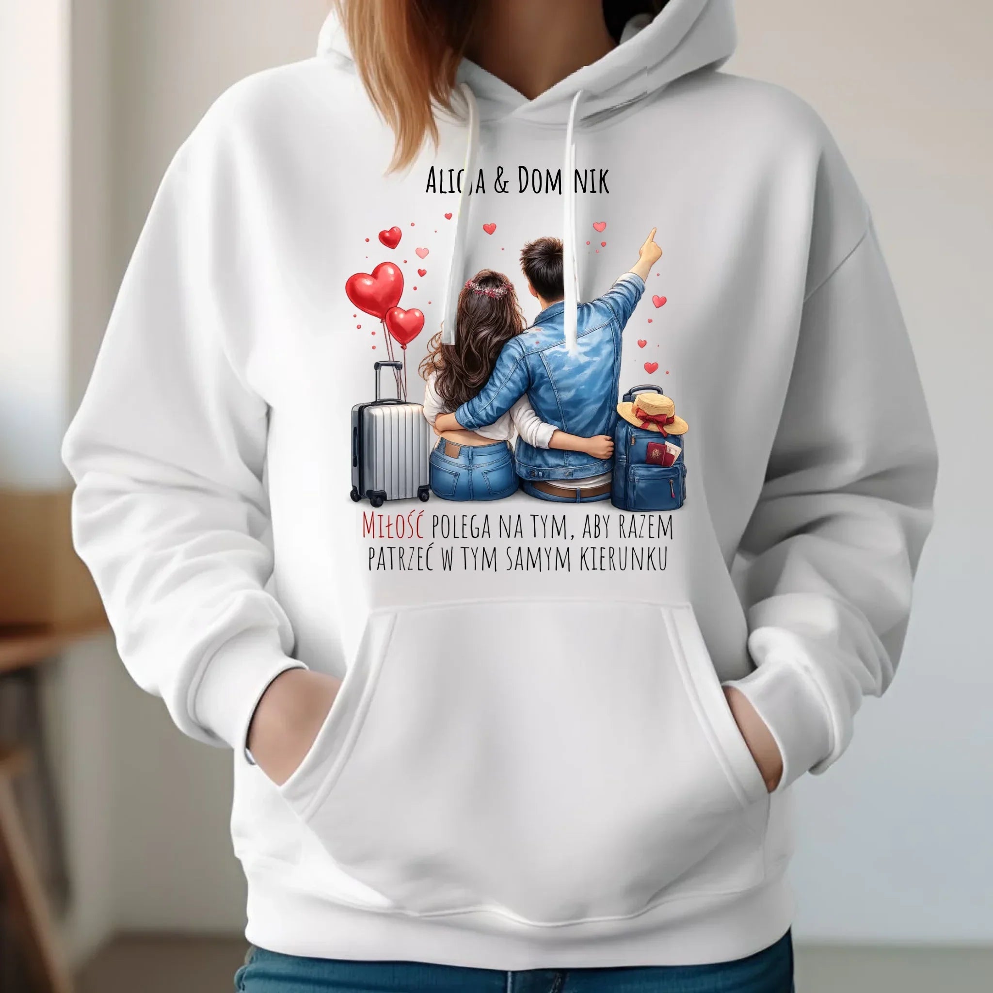 Bluza damska z kapturem dla par - Para w podróży miłość - personalizowana W12 - StoryCups.pl