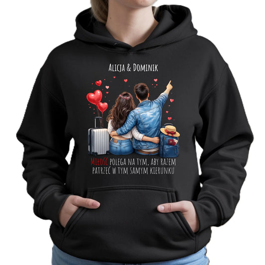 Bluza damska z kapturem dla par - Para w podróży miłość - personalizowana W12 - StoryCups.pl