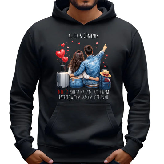 Bluza męska z kapturem dla par - Para w podróży miłość - personalizowana W12 - StoryCups.pl