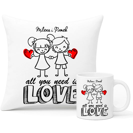 Zestaw poduszka i kubek dla par - All You need is love - personalizowany W13 - StoryCups.pl