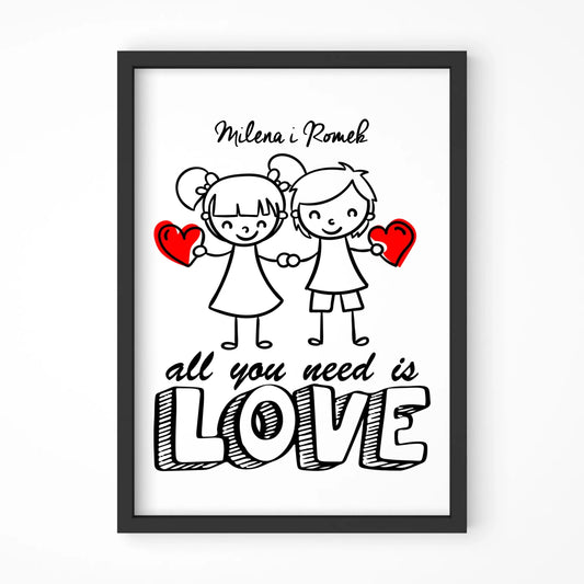 Plakat w ramie dla par - All You need is love - personalizowany W13 - StoryCups.pl