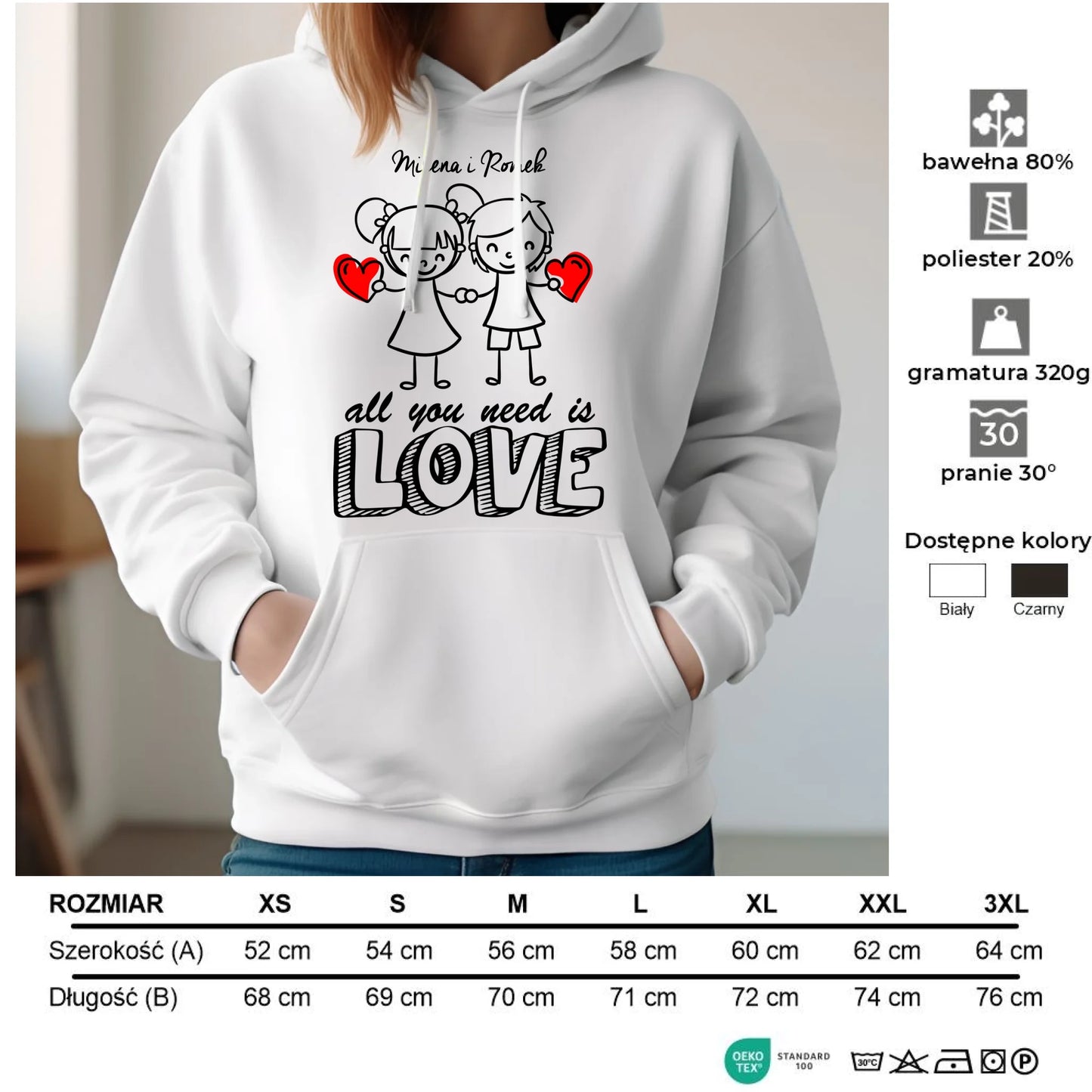 Bluza damska z kapturem dla par - All You need is love - personalizowana W13 - StoryCups.pl
