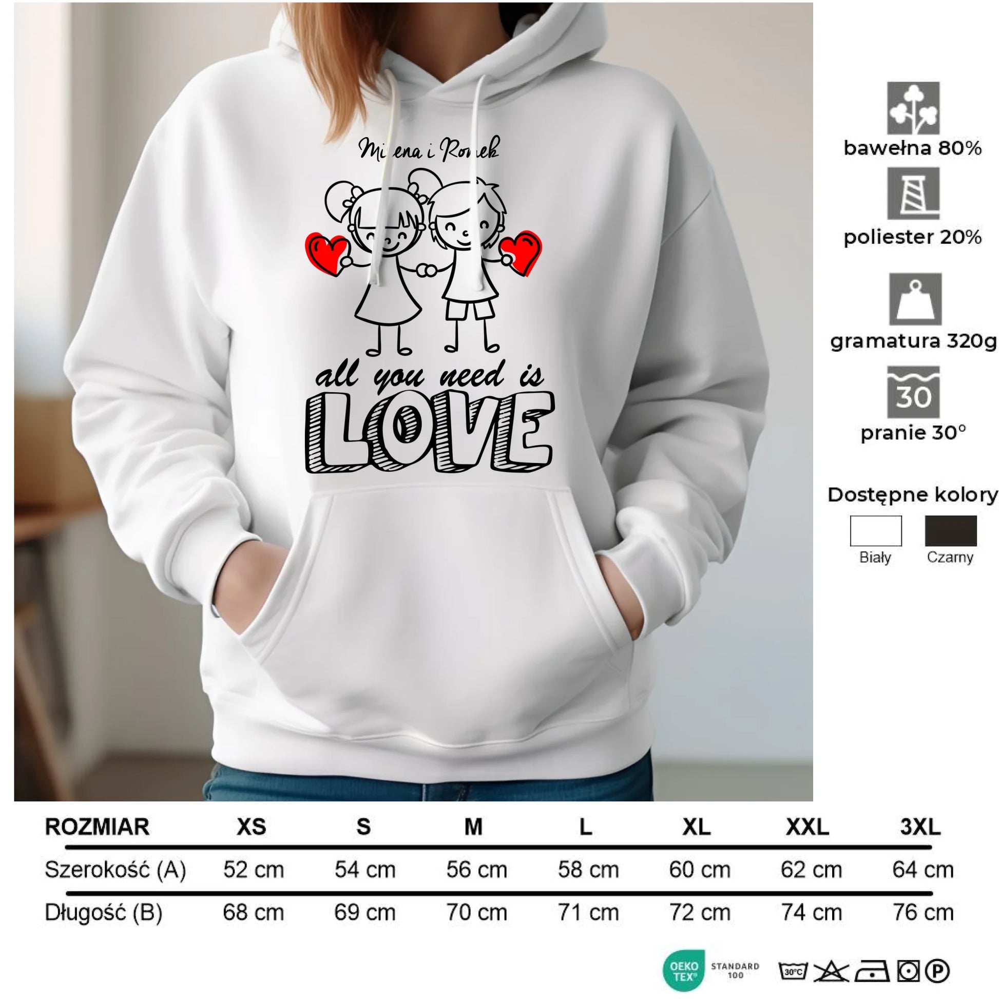 Bluza damska z kapturem dla par - All You need is love - personalizowana W13 - StoryCups.pl