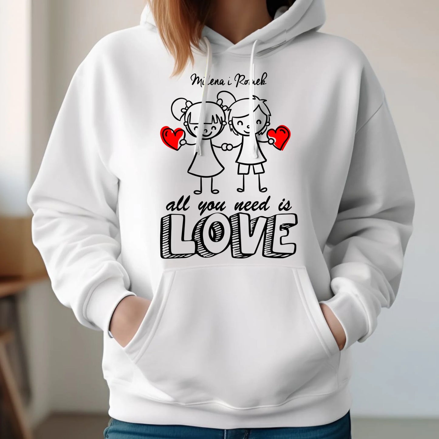 Bluza damska z kapturem dla par - All You need is love - personalizowana W13 - StoryCups.pl