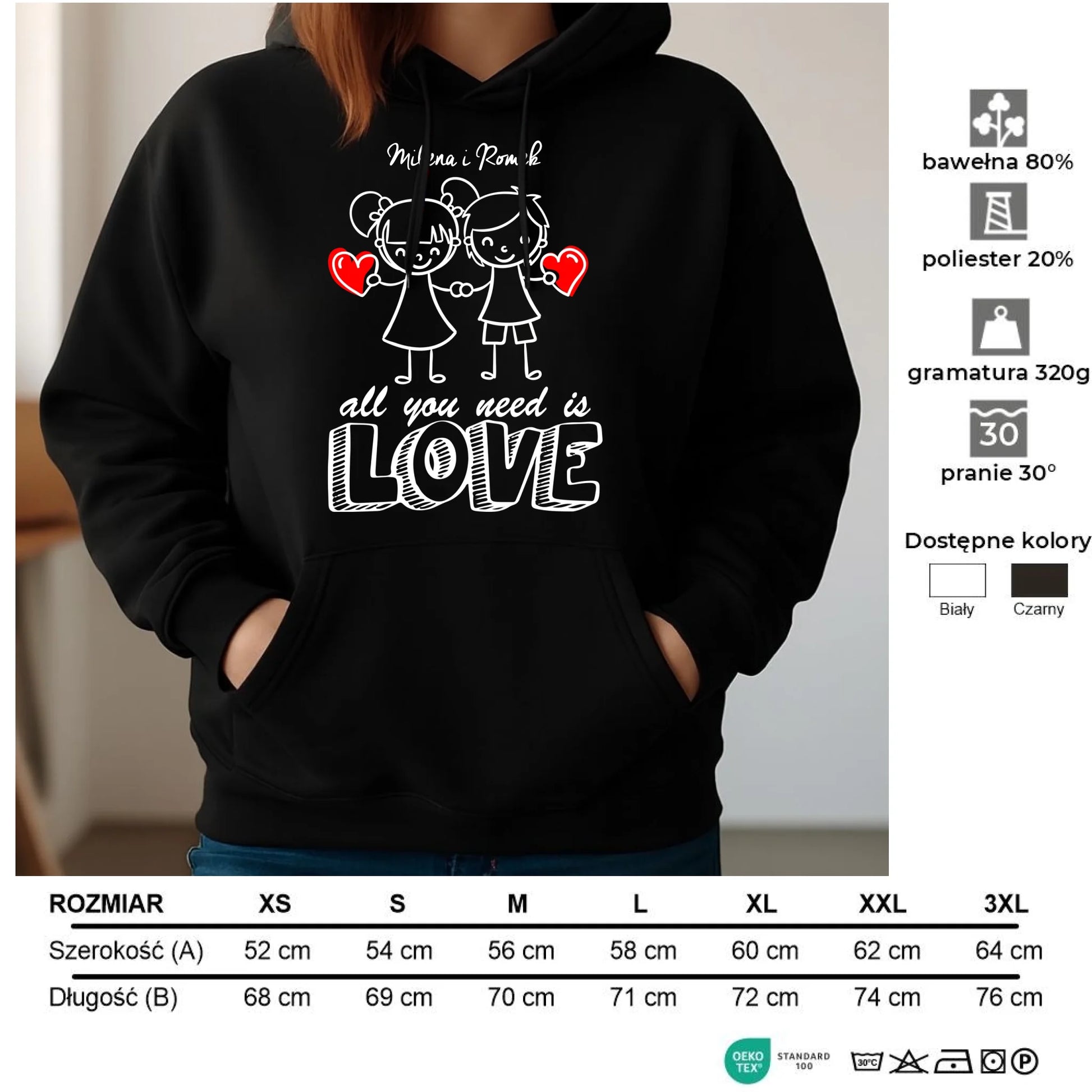 Bluza damska z kapturem dla par - All You need is love - personalizowana W13 - StoryCups.pl