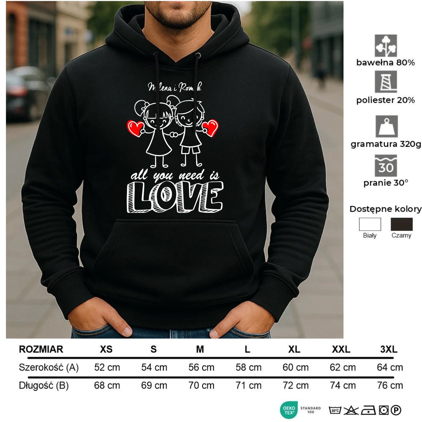 Bluza męska z kapturem dla par - All You need is love - personalizowana W13 - StoryCups.pl