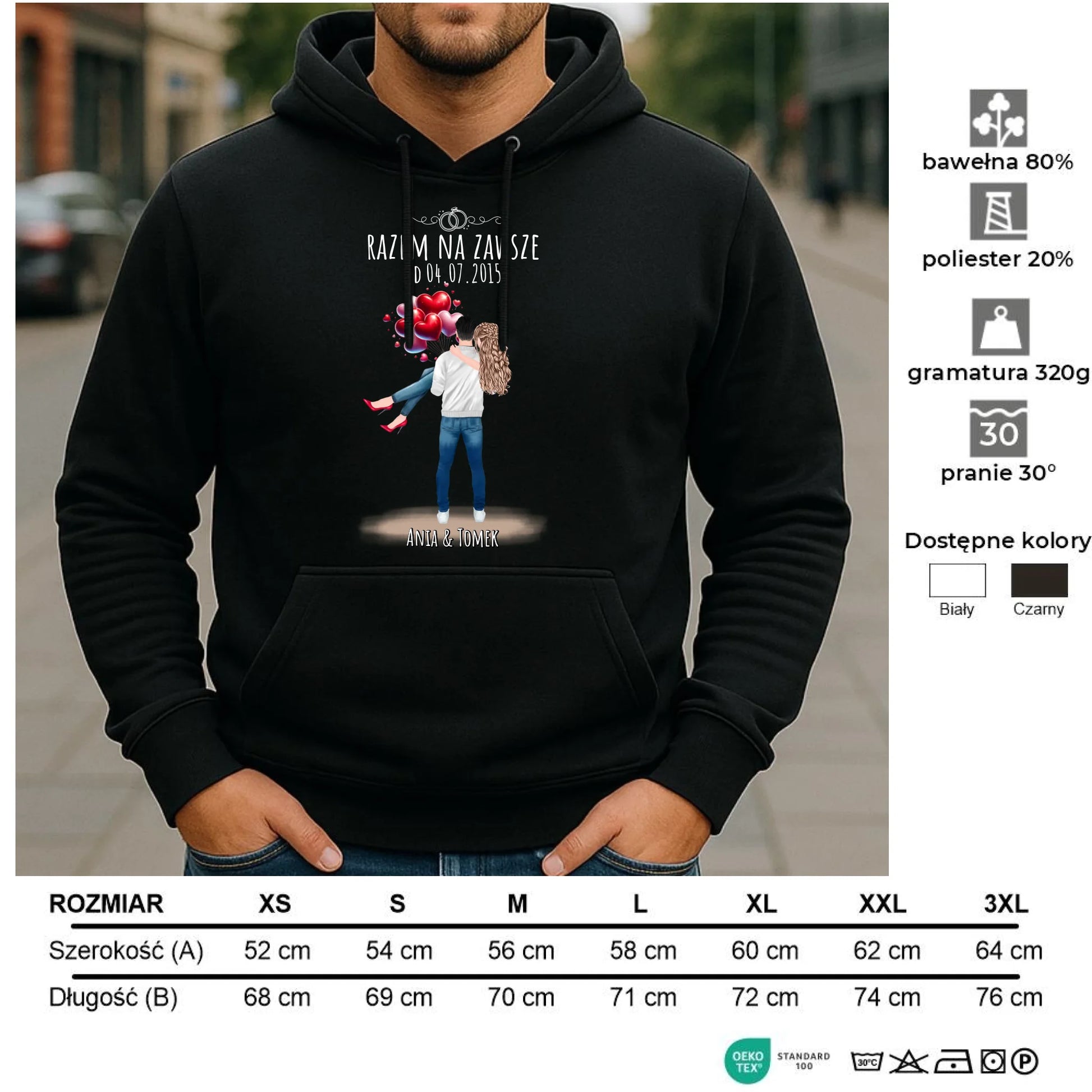 Bluza męska z kapturem dla par na rocznicę - Razem na zawsze - personalizowana W14 - StoryCups.pl