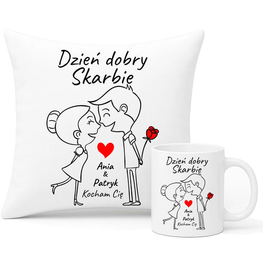 Zestaw poduszka i kubek dla par - Dzień dobry Skarbie - personalizowany W15 - StoryCups.pl