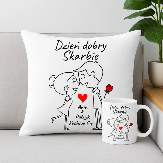 Zestaw poduszka i kubek dla par - Dzień dobry Skarbie - personalizowany W15 - StoryCups.pl