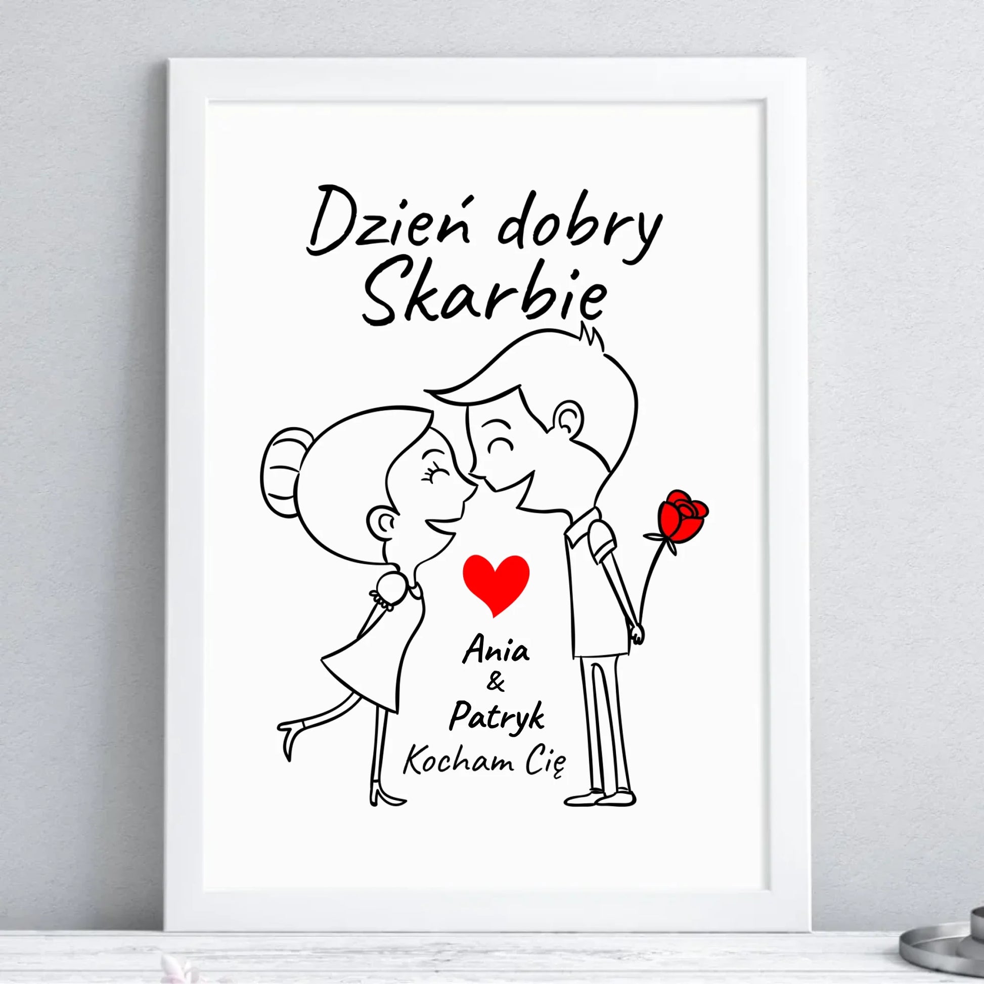 Plakat w ramie dla par - Dzień dobry Skarbie - personalizowany W15 - StoryCups.pl