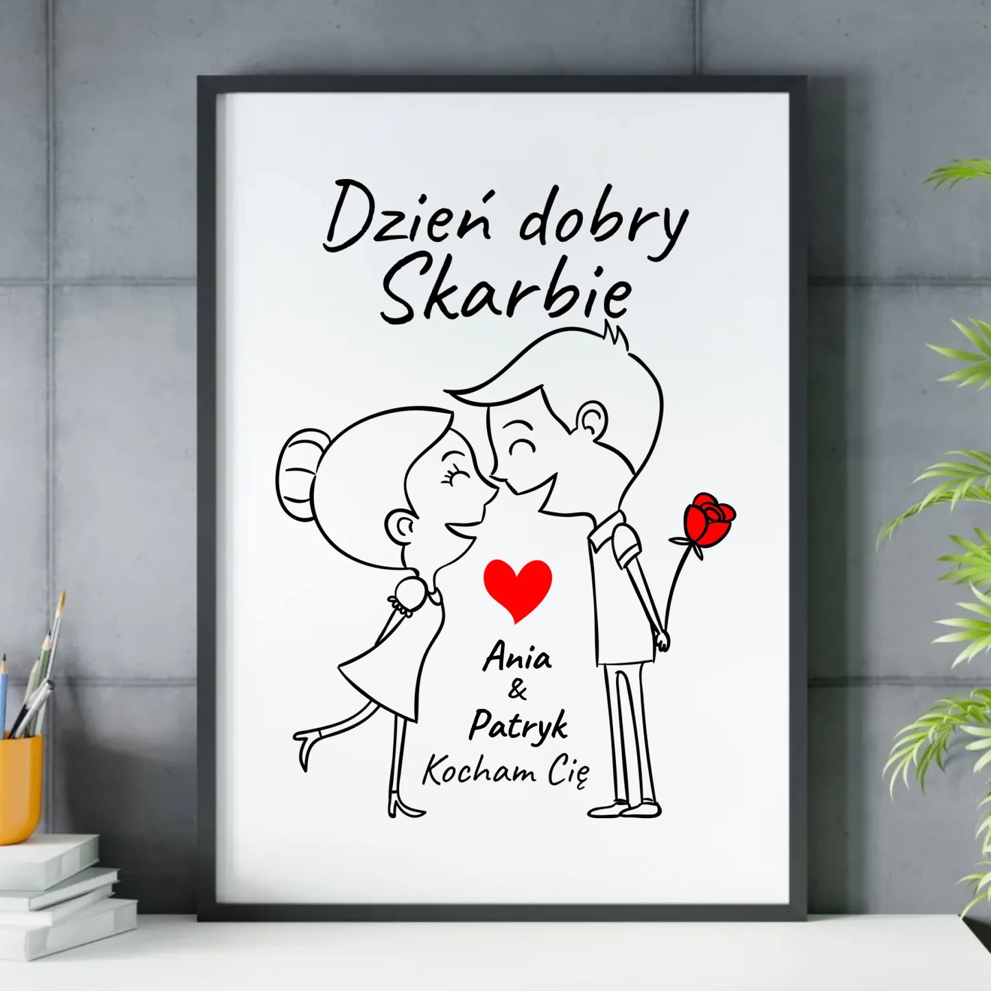 Plakat w ramie dla par - Dzień dobry Skarbie - personalizowany W15 - StoryCups.pl