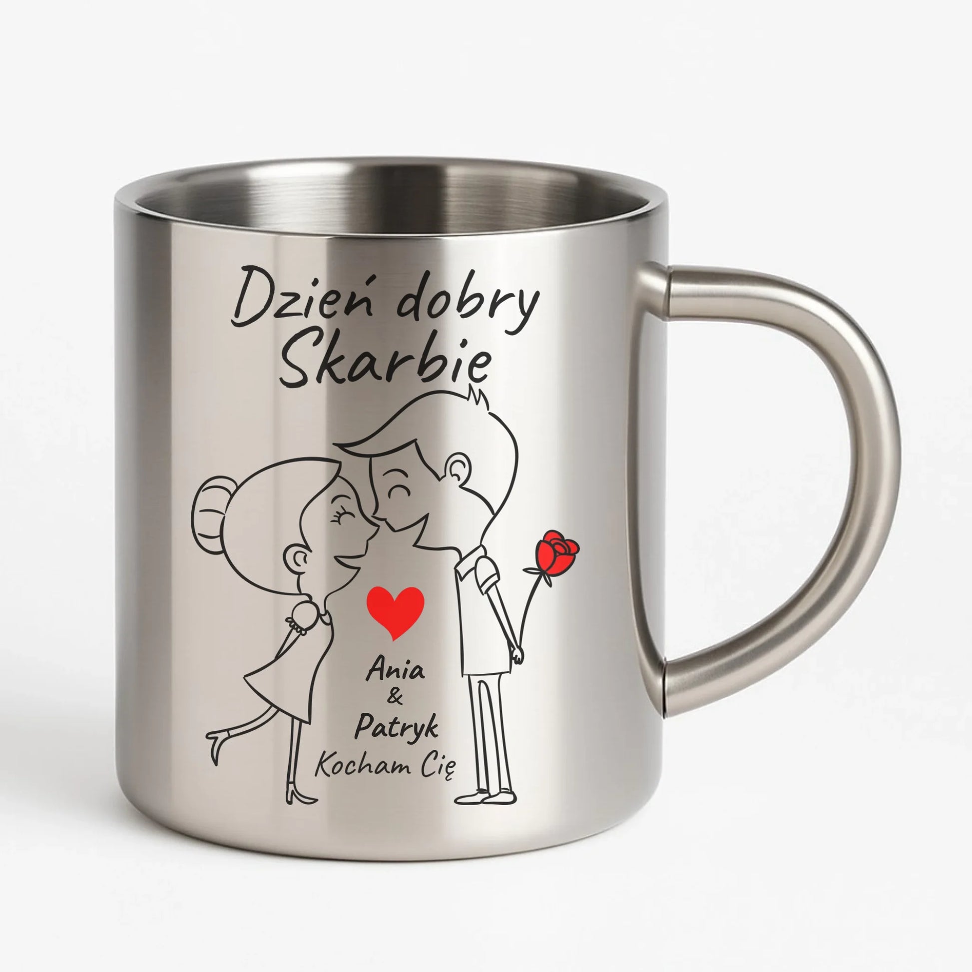 Kubek metalowy dla par - Dzień dobry Skarbie - personalizowany W15 - StoryCups.pl