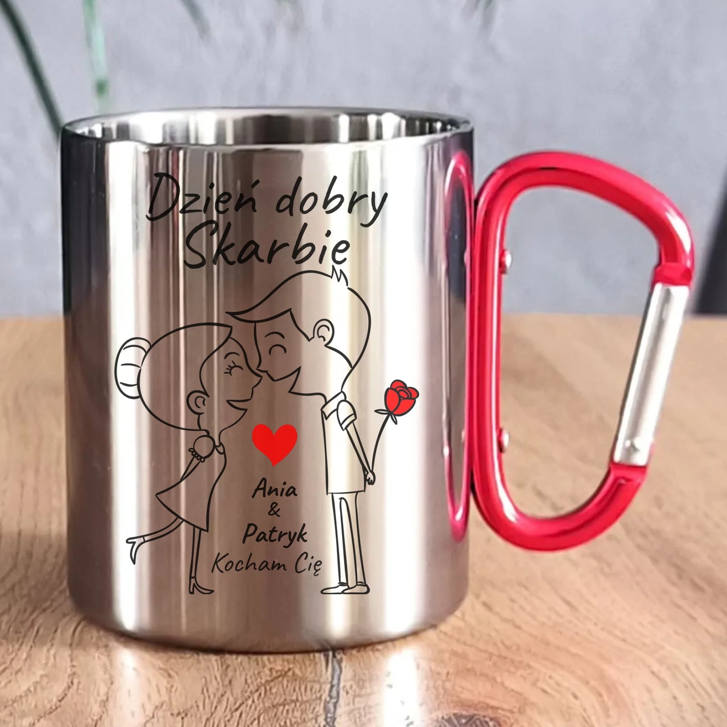 Kubek metalowy dla par - Dzień dobry Skarbie - personalizowany W15 - StoryCups.pl