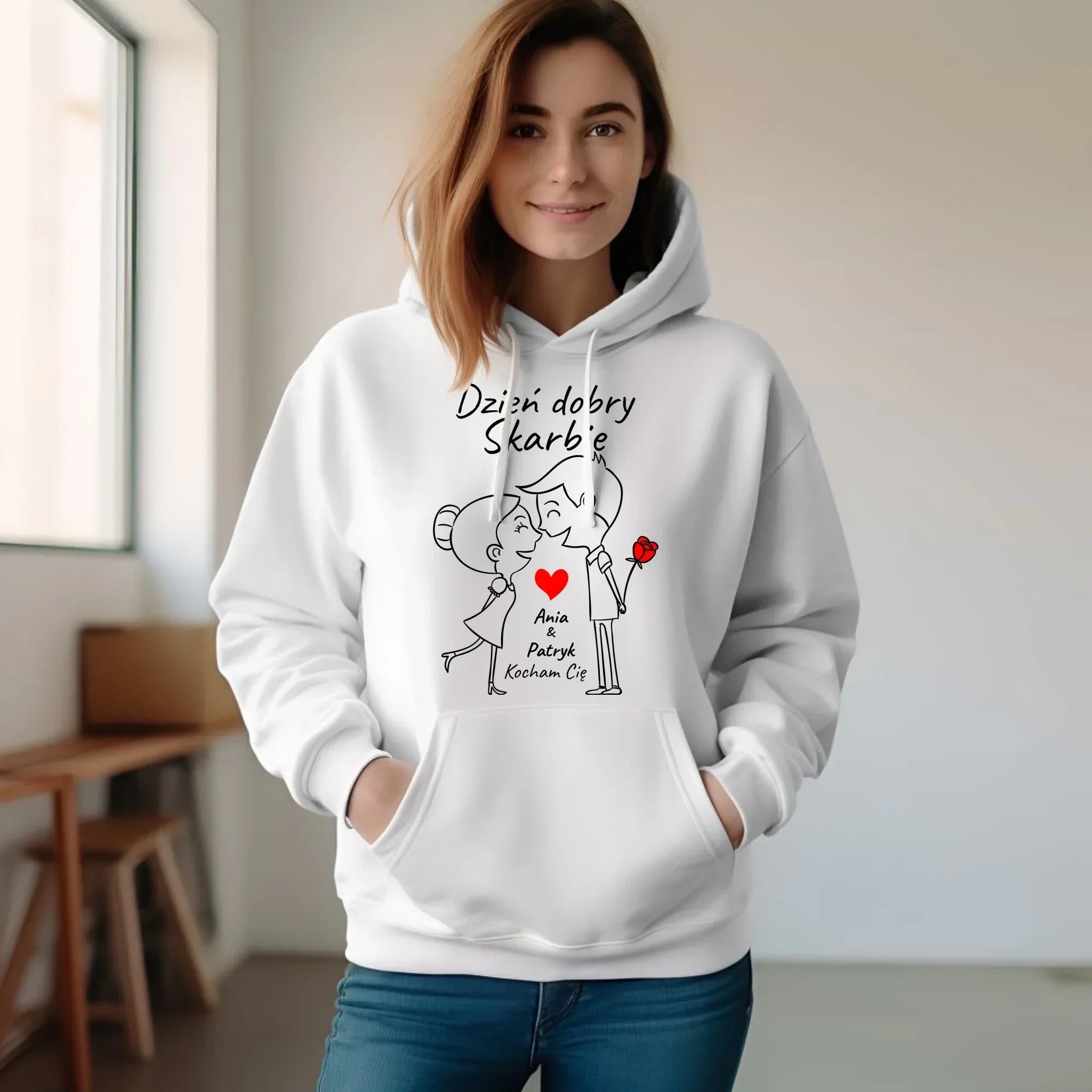 Bluza damska z kapturem dla par - Dzień dobry Skarbie - personalizowana W15 - StoryCups.pl