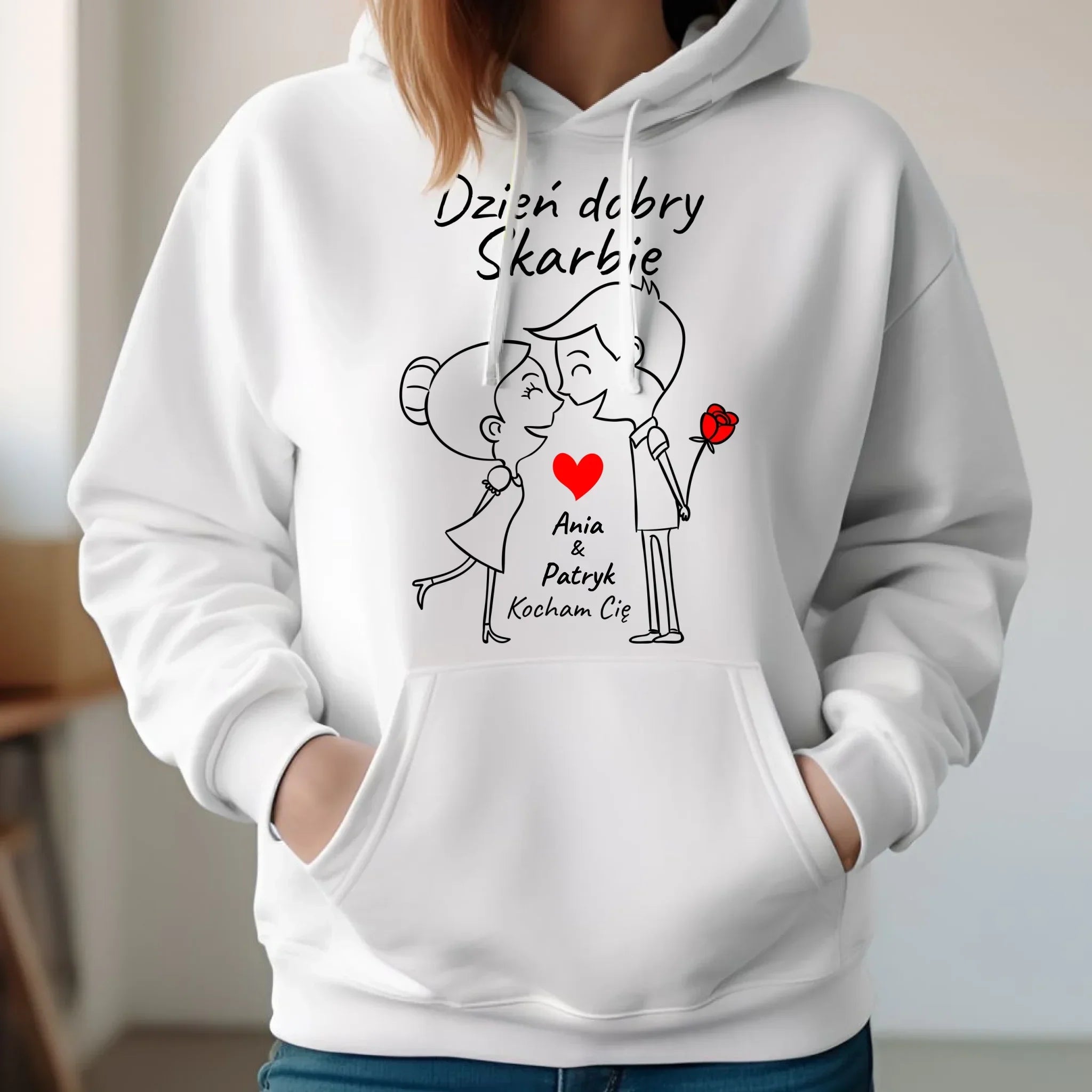 Bluza damska z kapturem dla par - Dzień dobry Skarbie - personalizowana W15 - StoryCups.pl