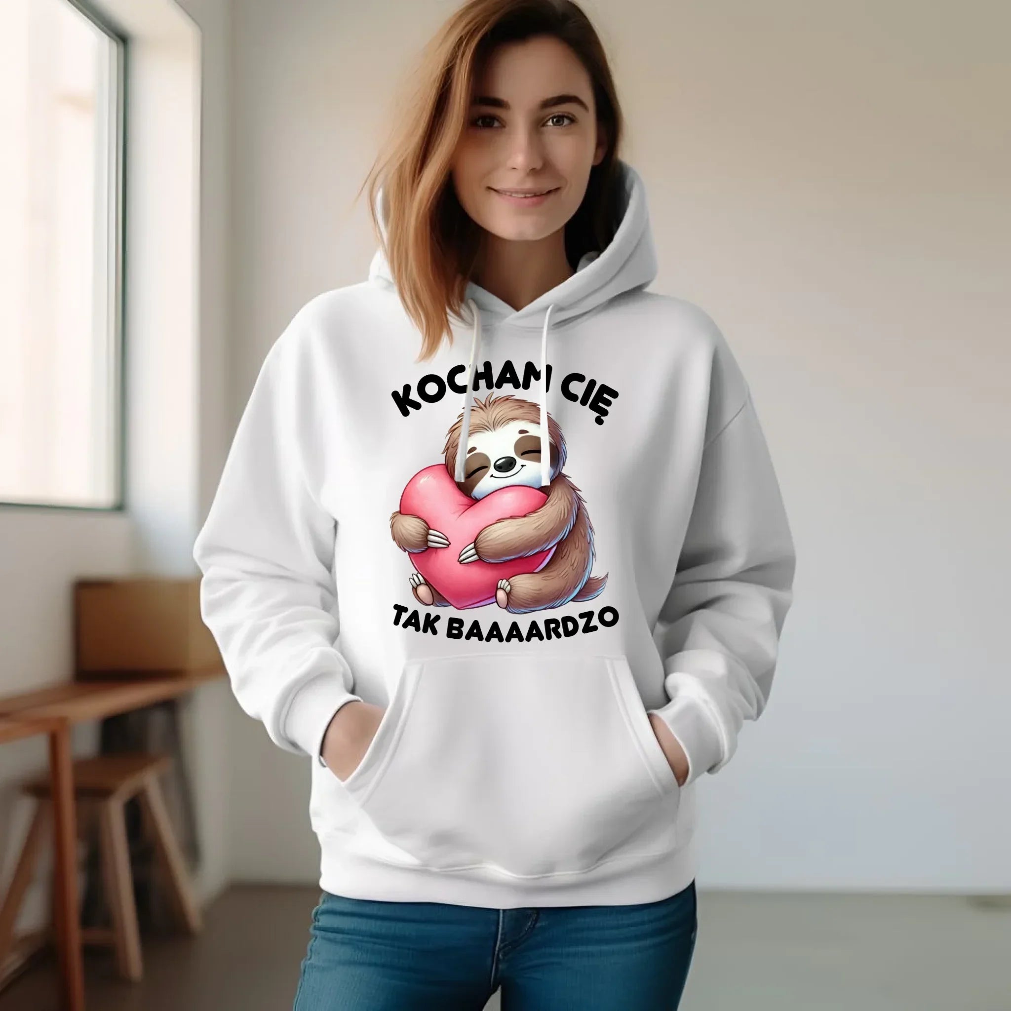 Bluza damska z kapturem - Leniwiec Kocham Cię tak baaaardzo W16 - StoryCups.pl