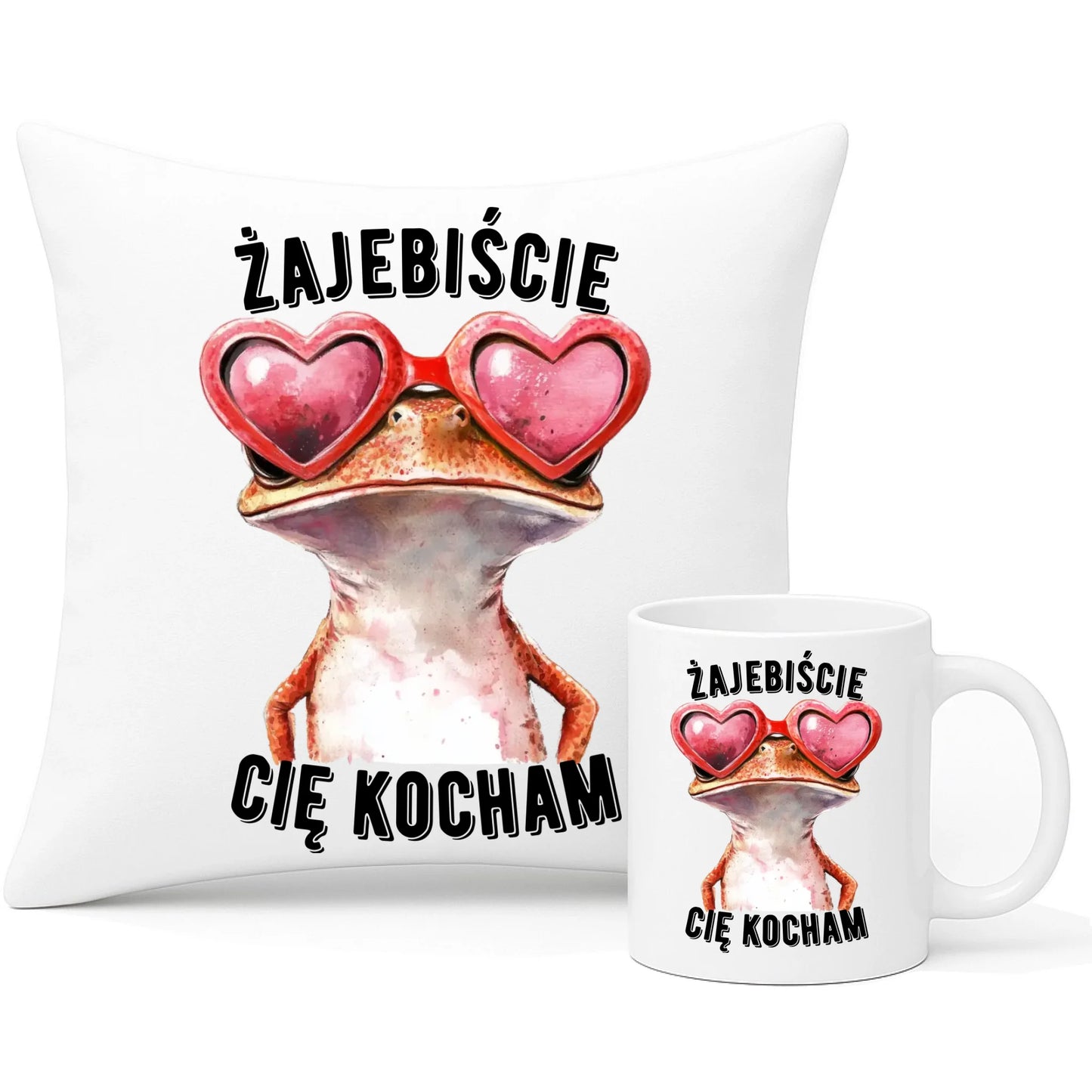 Zestaw poduszka i kubek dla par - Żajebiście Cię Kocham Żaba W17 - StoryCups.pl