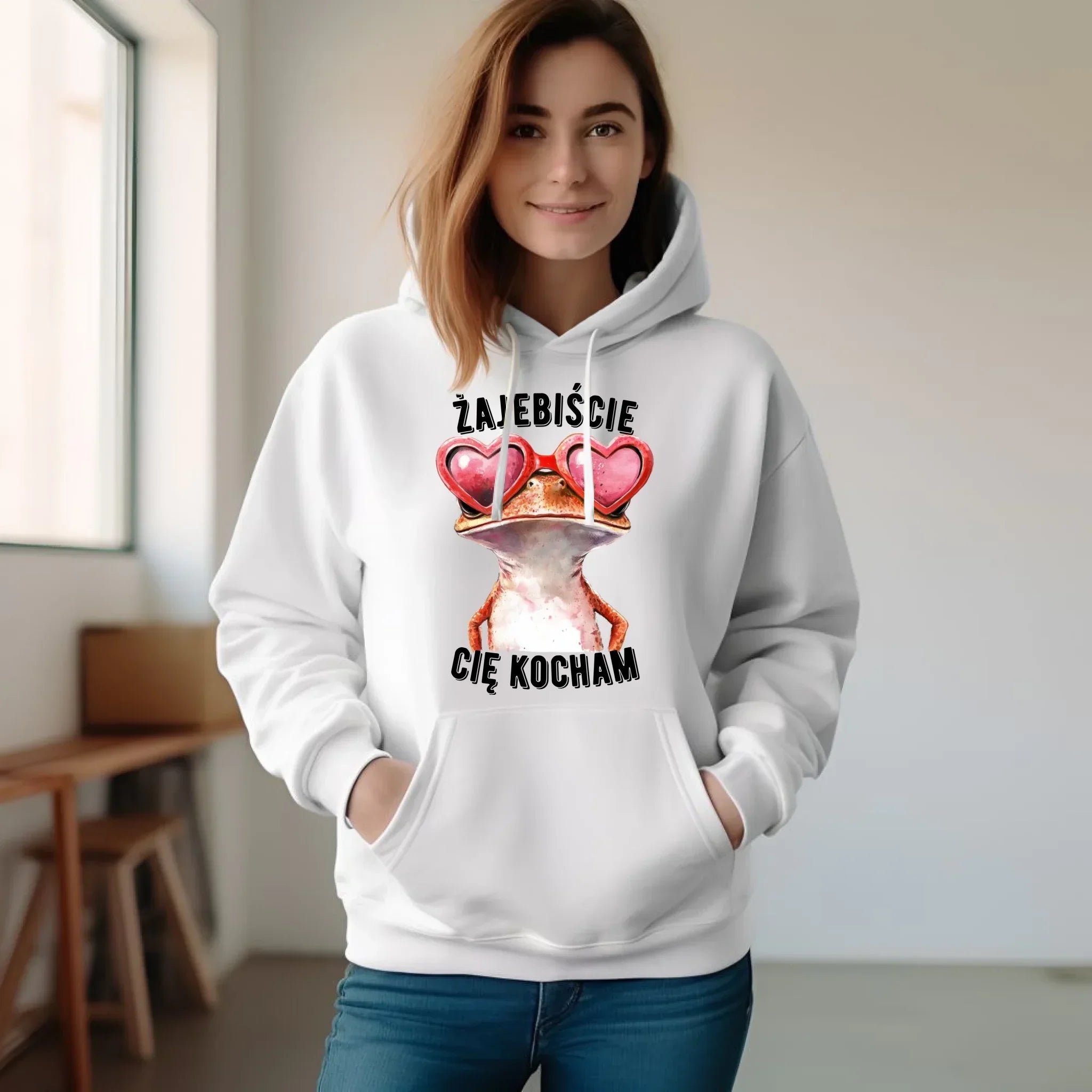 Bluza damska z kapturem dla par - Żajebiście Cię Kocham Żaba W17 - StoryCups.pl